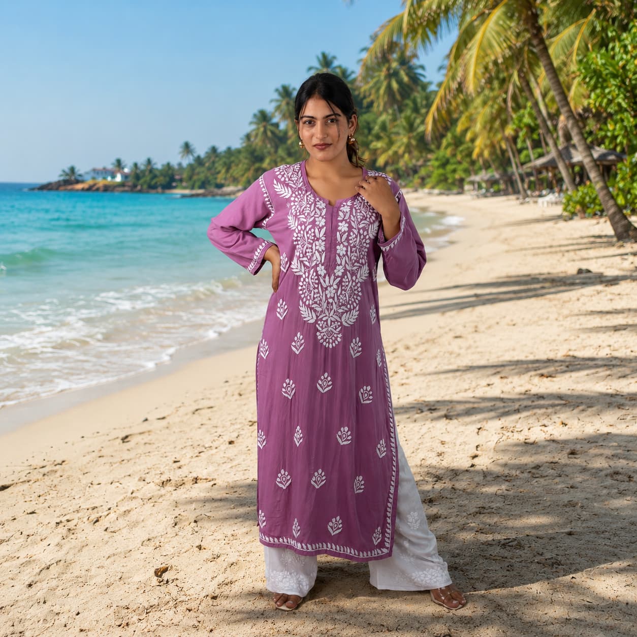 Blush Pink Modal Kurta with Delicate Handwork Chikankari - Vacation Look