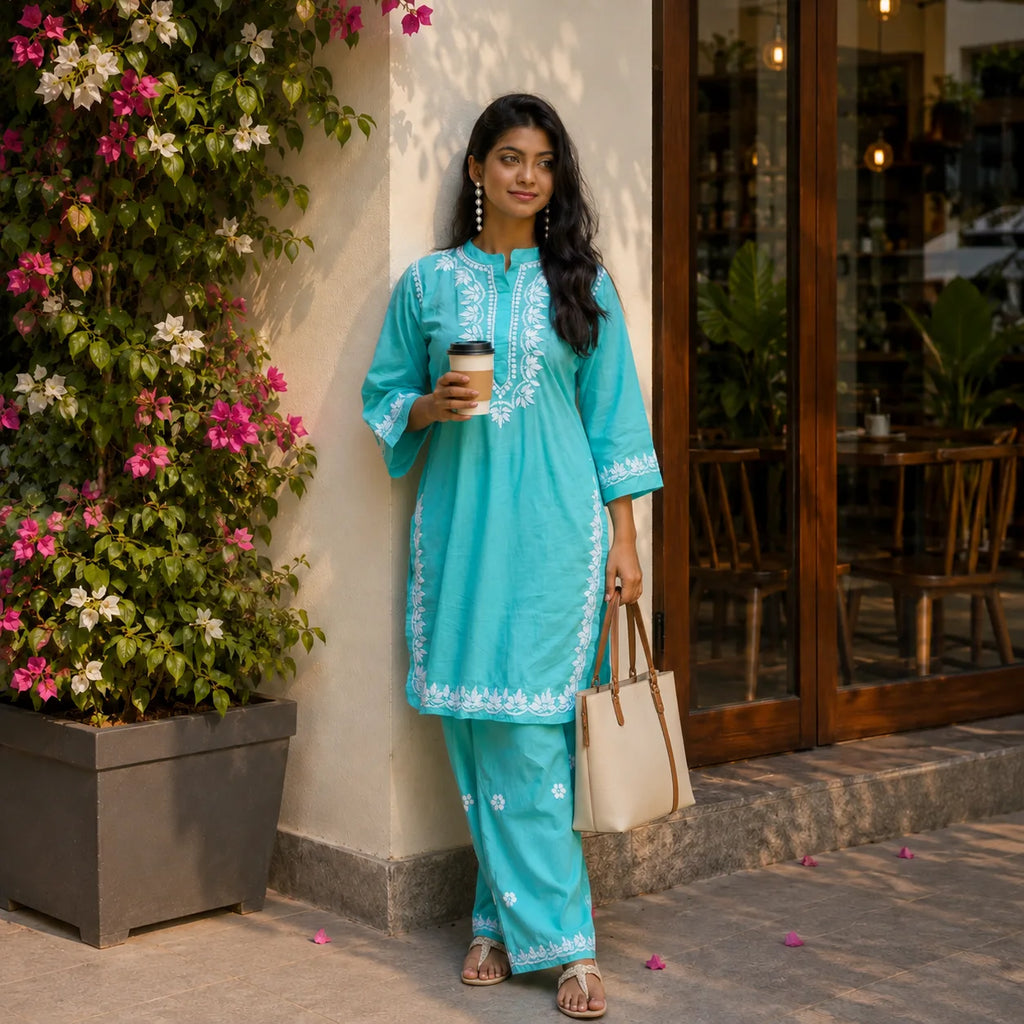 Cotton Chikankari Solid Women's 2 PC Cord Set - Turquoise Bliss