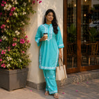 Cotton Chikankari Solid Women's 2 PC Cord Set - Turquoise Bliss