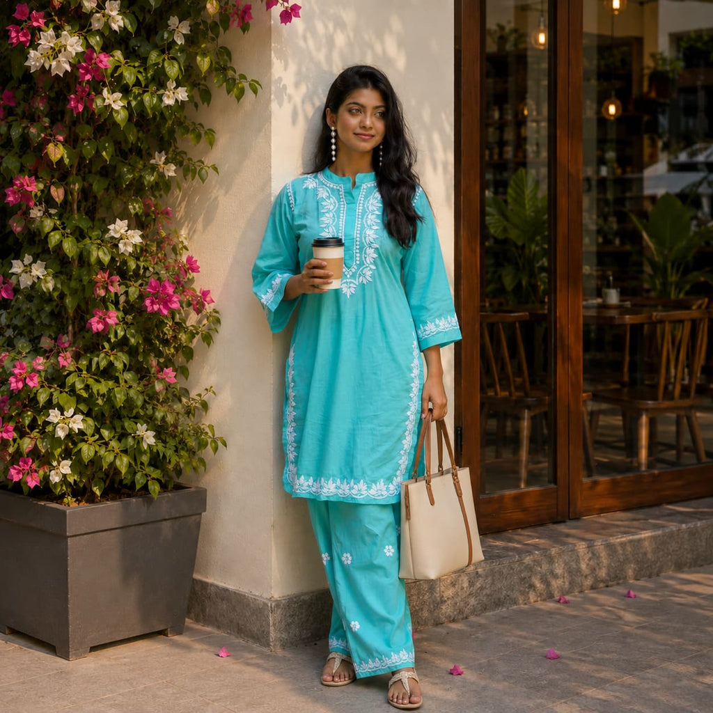 Turquoise Bliss Pure Cotton Chikankari Co-ord Set