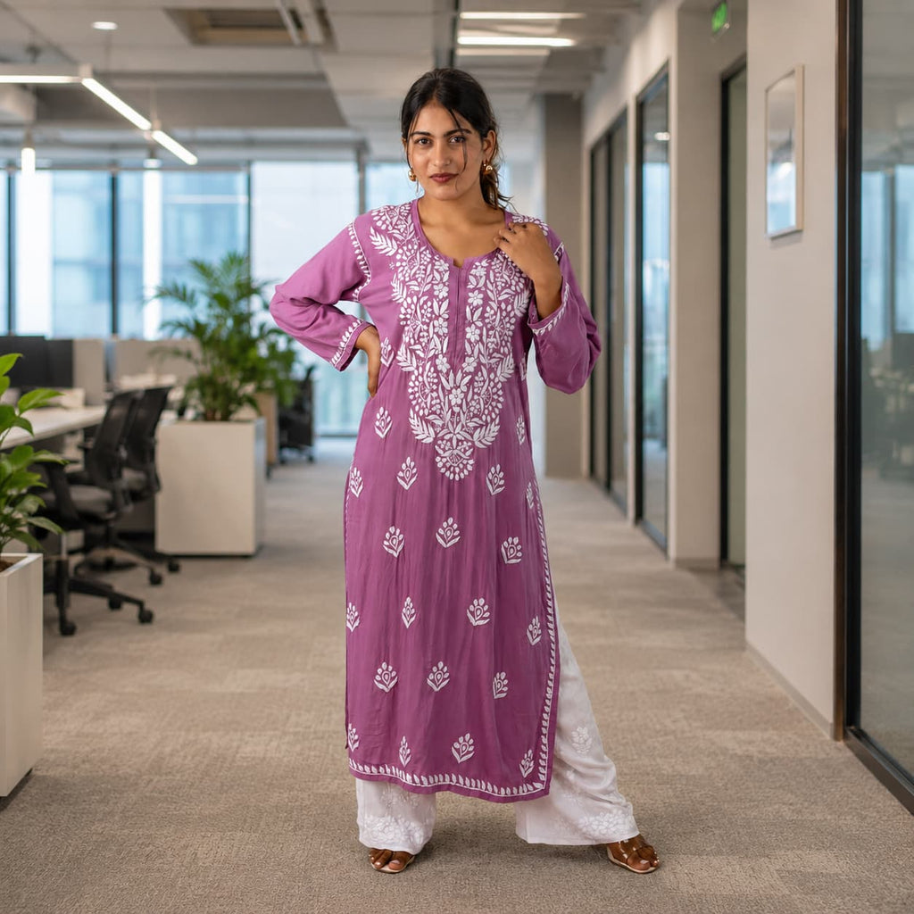Blush Pink Modal Kurta with Delicate Handwork Chikankari - Vacation Look