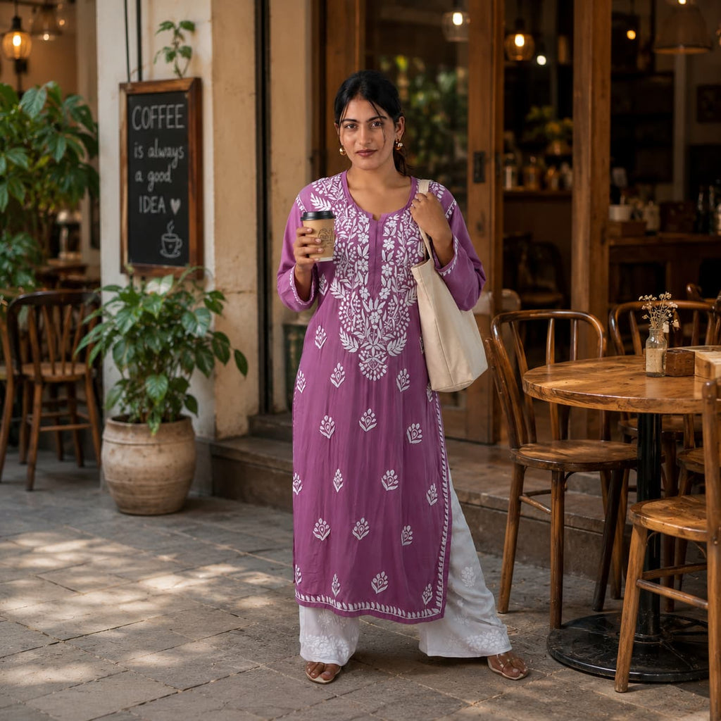 Blush Pink Modal Kurta with Delicate Handwork Chikankari - Vacation Look
