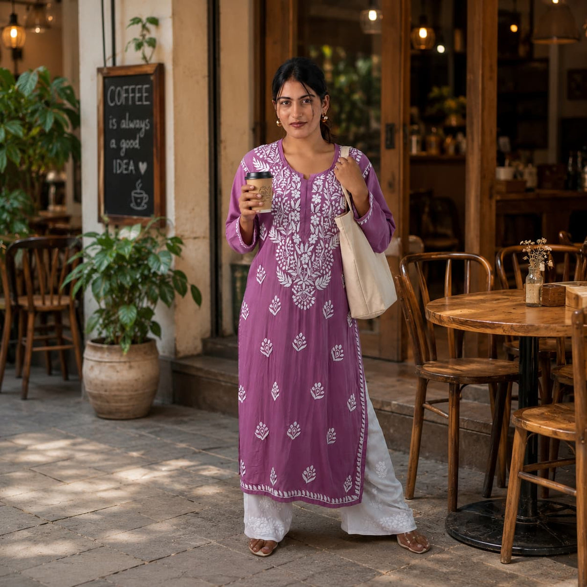 Blush Pink Modal Kurta with Delicate Handwork Chikankari - Vacation Look