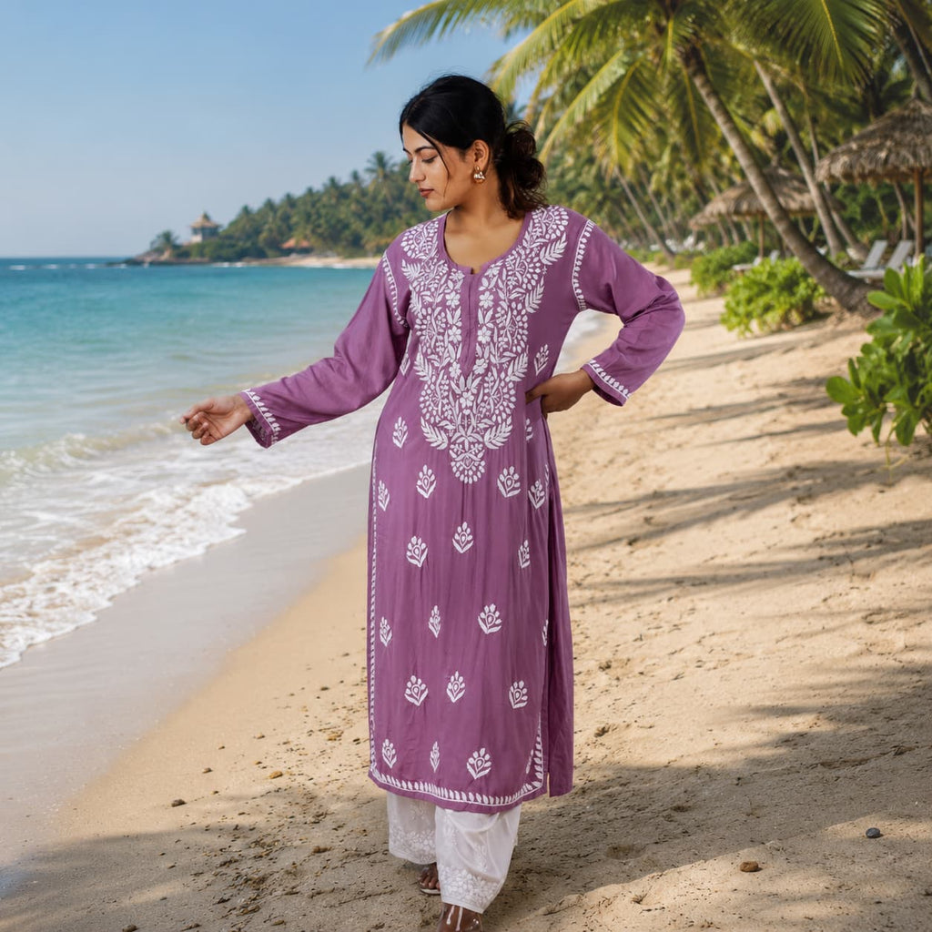 Blush Pink Modal Kurta with Delicate Handwork Chikankari - Vacation Look