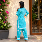 Cotton Chikankari Solid Women's 2 PC Cord Set - Turquoise Bliss