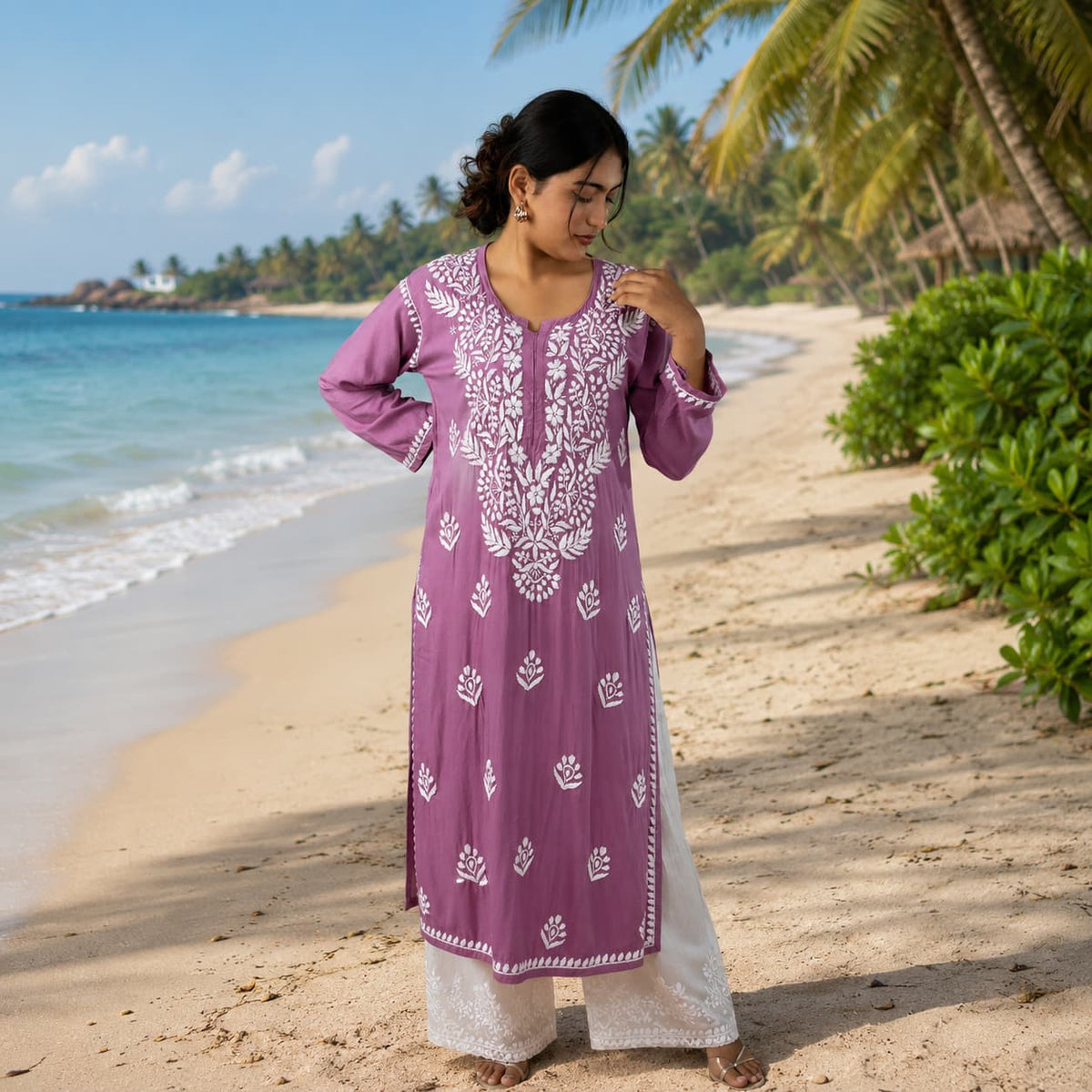 Blush Pink Modal Kurta with Delicate Handwork Chikankari - Vacation Look