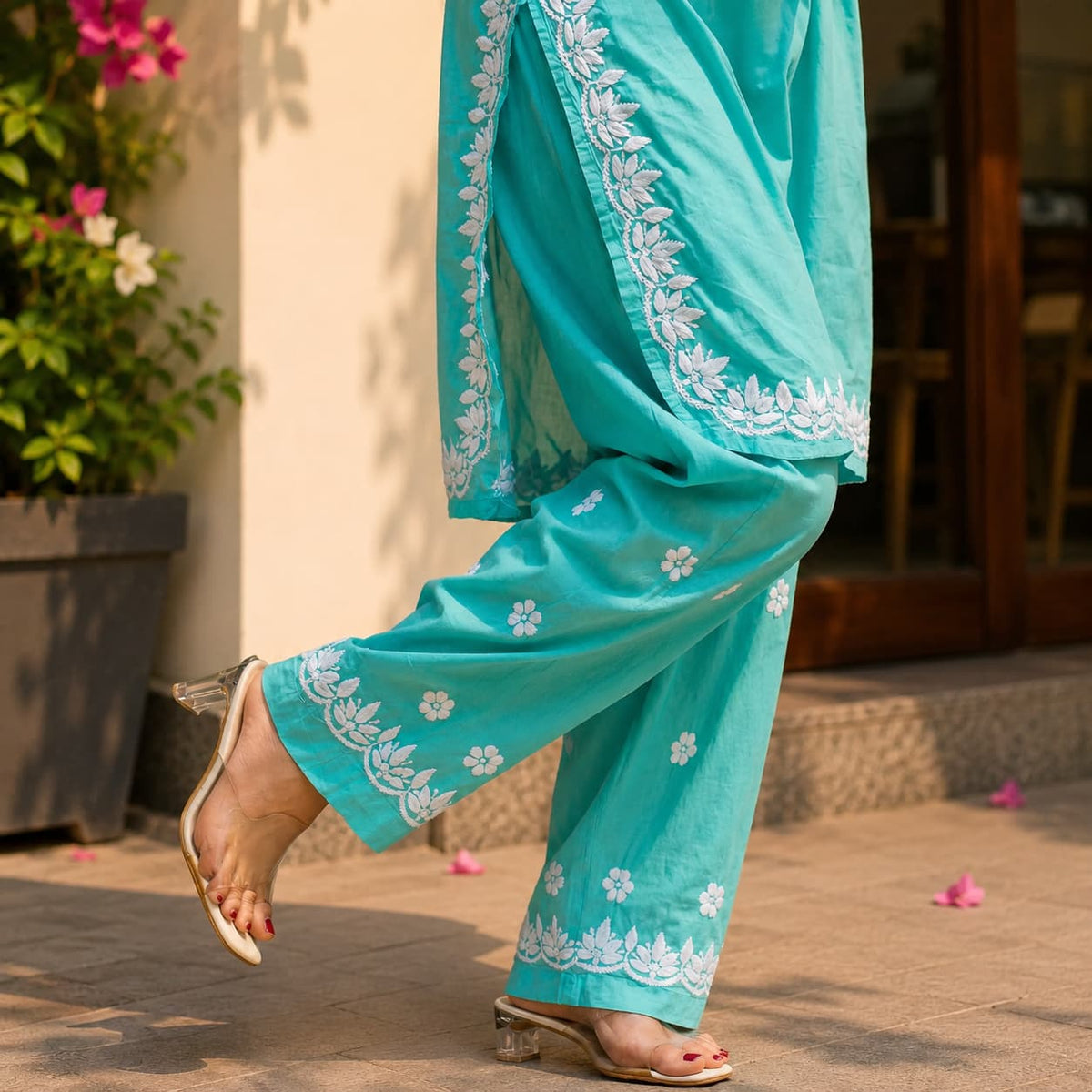 Turquoise Bliss Pure Cotton Chikankari Co-ord Set