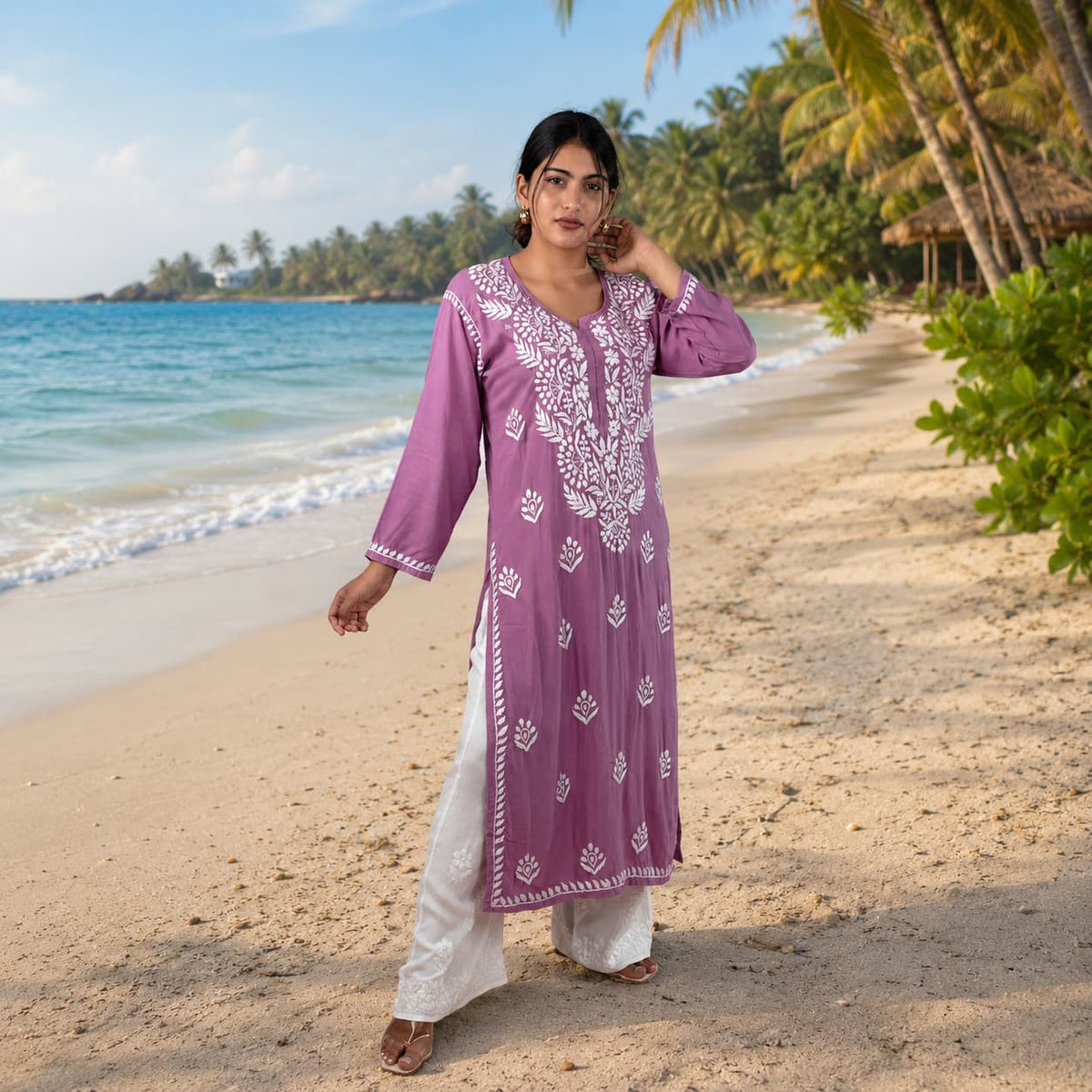Blush Pink Modal Kurta with Delicate Handwork Chikankari - Vacation Look