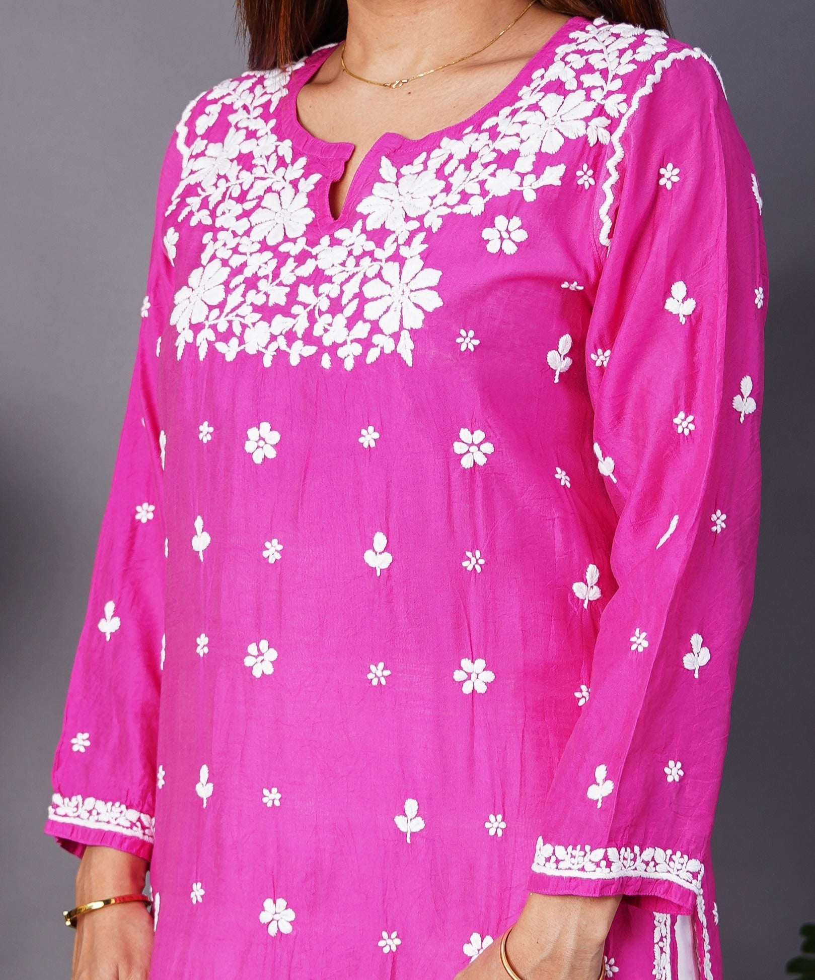 Rani Pink Blossom Premium Chanderi Handwork Chikankari Kurti