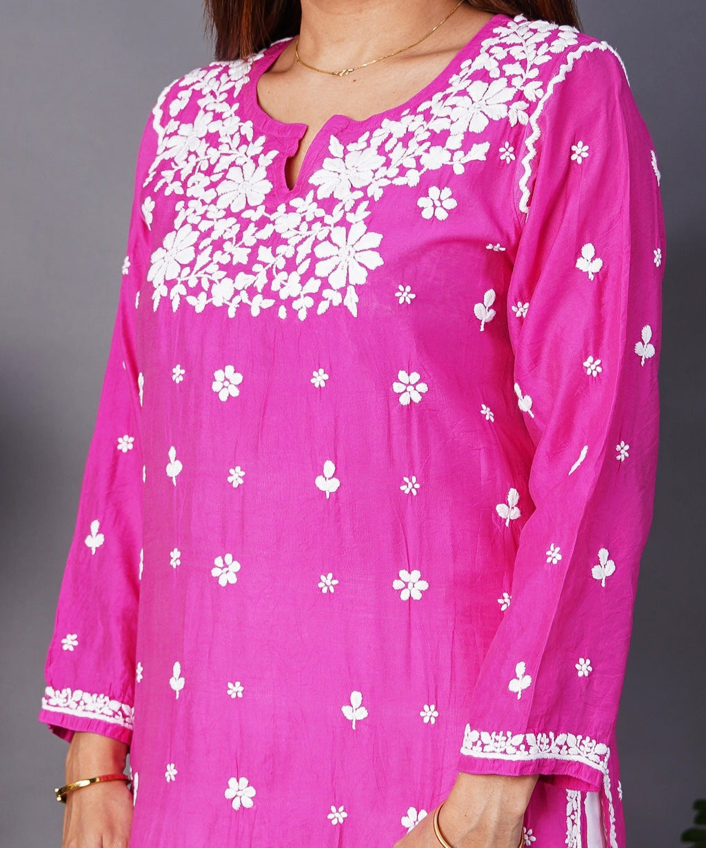 Rani Pink Blossom Premium Chanderi Handwork Chikankari Kurti