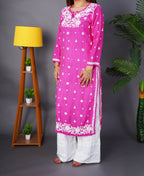 Rani Pink Blossom Premium Chanderi Handwork Chikankari Kurti