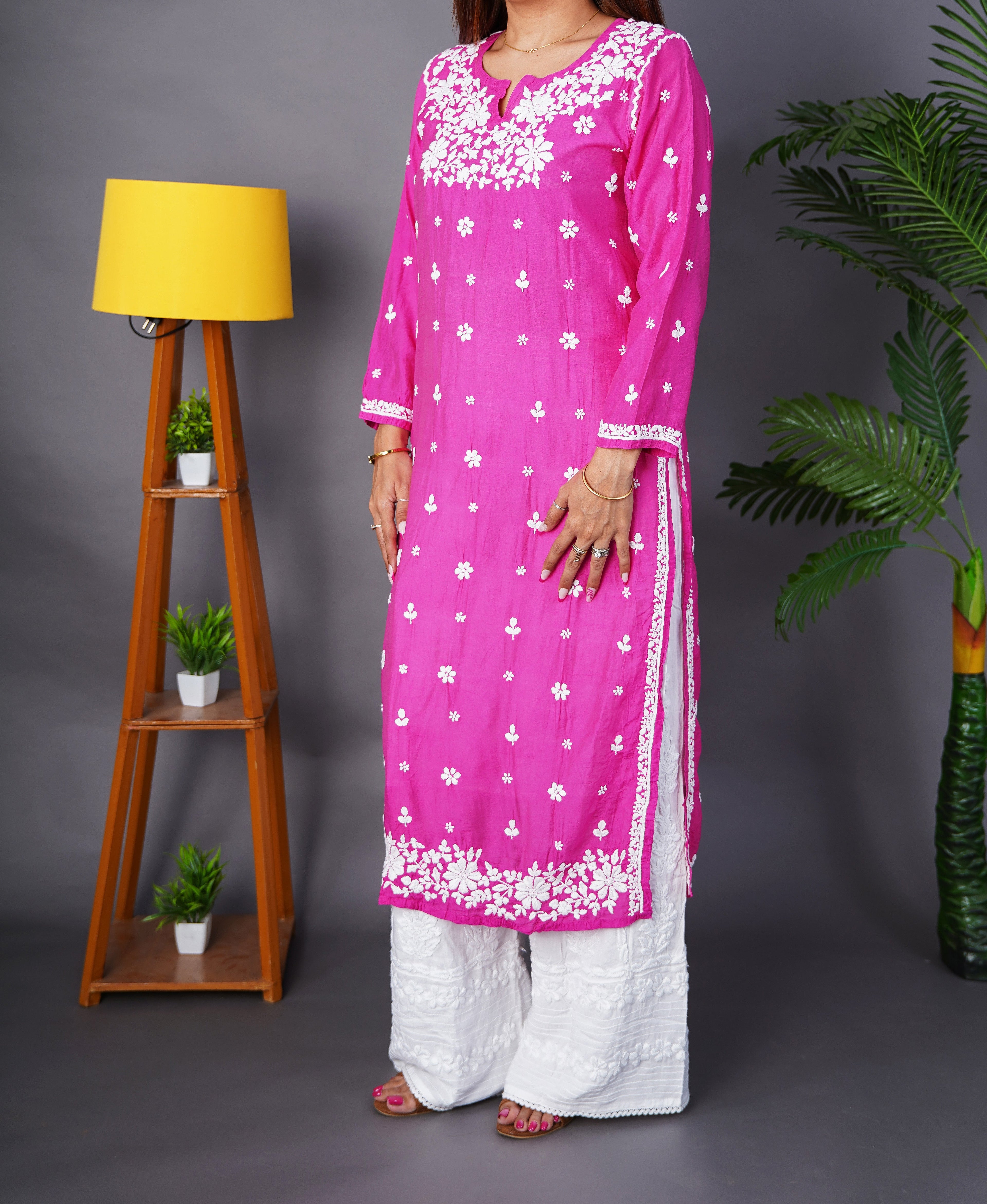 Rani Pink Blossom Premium Chanderi Handwork Chikankari Kurti