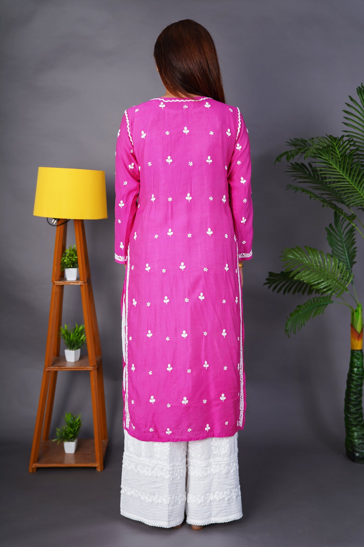 Rani Pink Blossom Premium Chanderi Handwork Chikankari Kurti