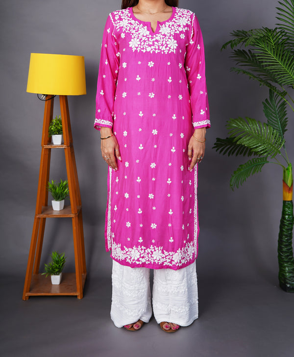 Rani Pink Blossom Premium Chanderi Handwork Chikankari Kurti