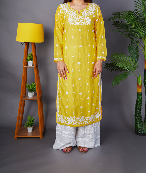 Sunshine Yellow Chanderi Kurta with Exquisite Handwork Chikankari