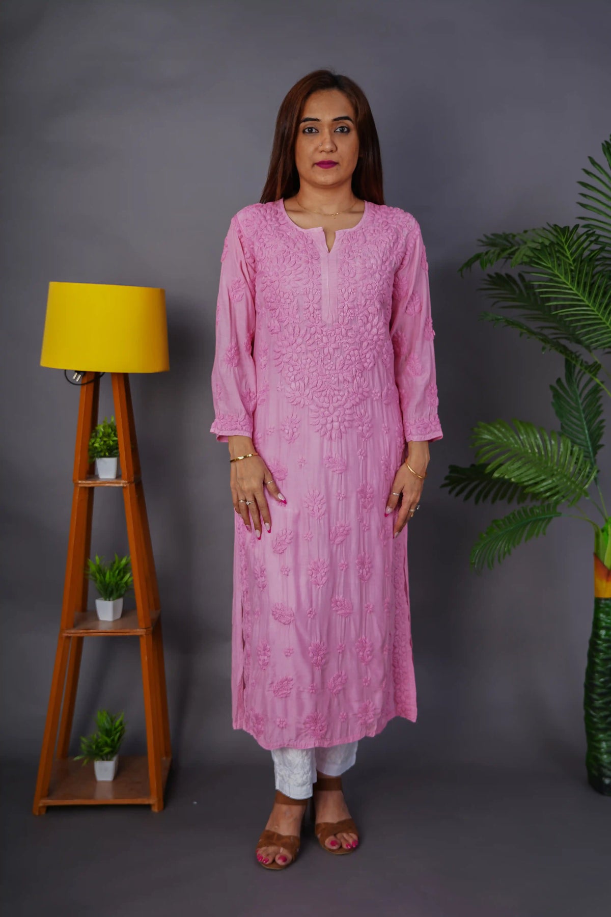 Onion Pink Heavy Chikankari Embroidered Muslin Kurti