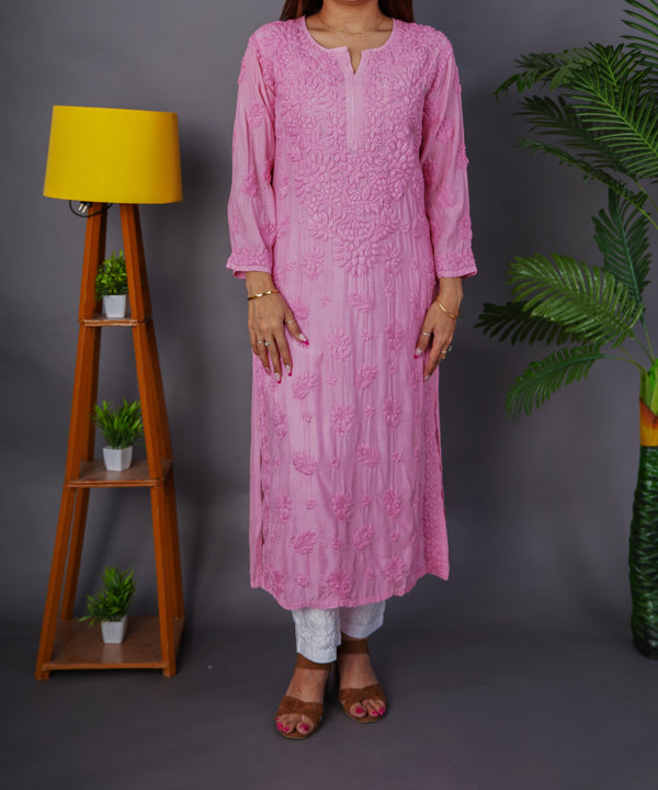 Onion Pink Heavy Chikankari Embroidered Muslin Kurti