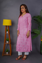 Onion Pink Heavy Chikankari Embroidered Muslin Kurti