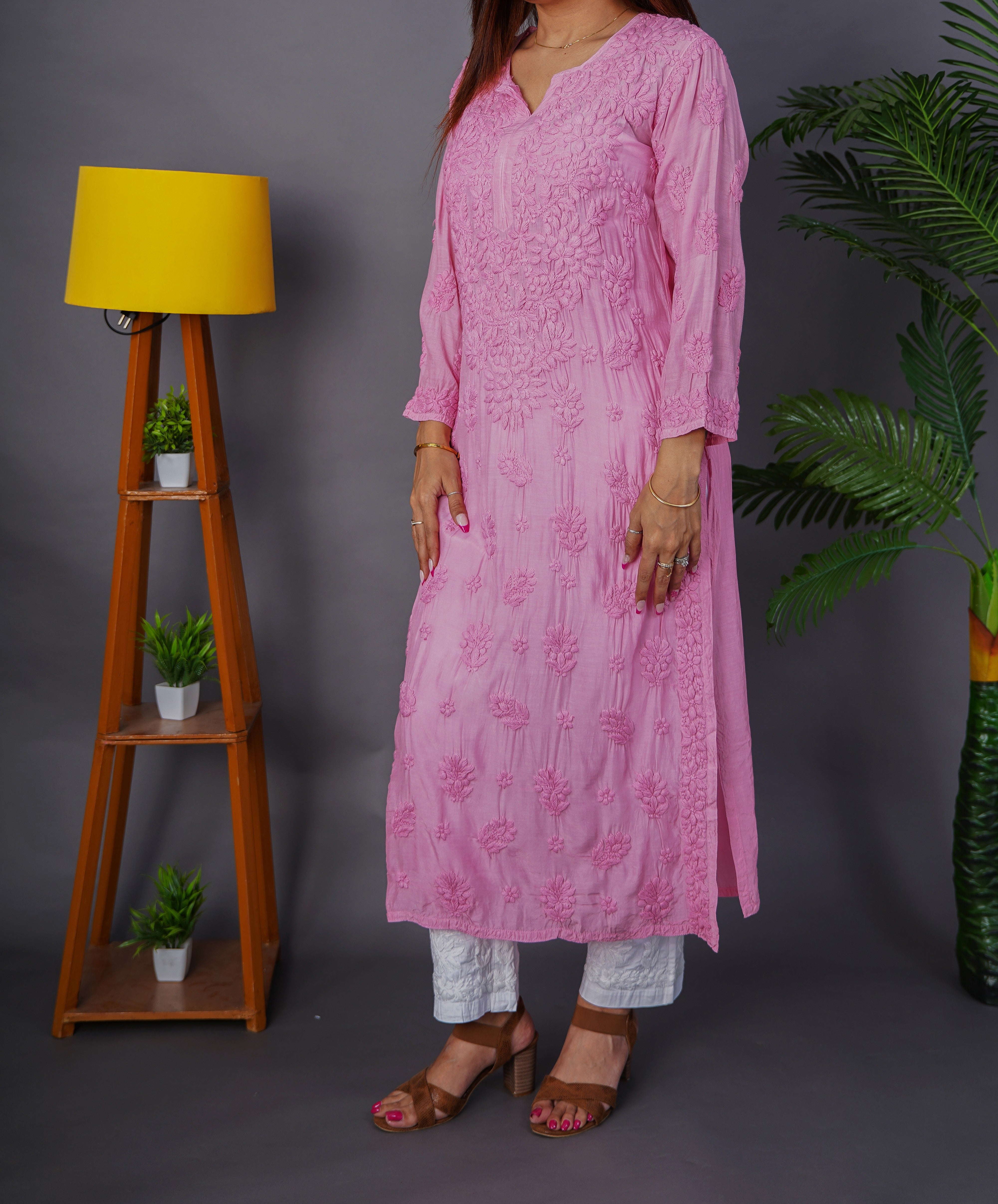 Onion Pink Heavy Chikankari Embroidered Muslin Kurti