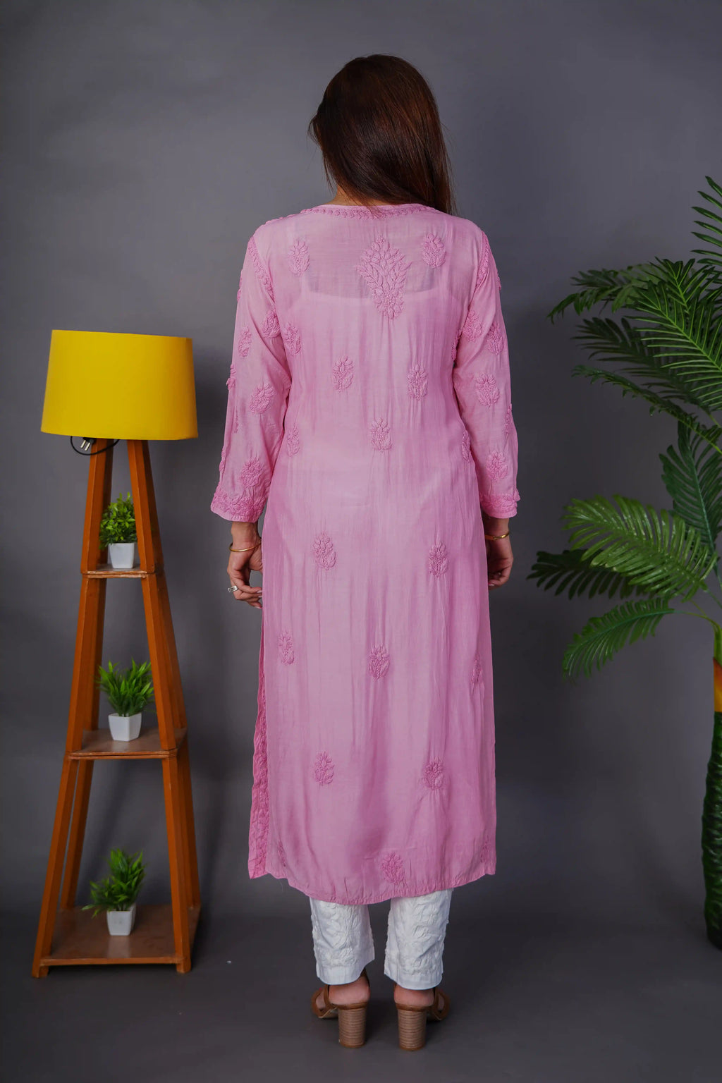 Onion Pink Heavy Chikankari Embroidered Muslin Kurti