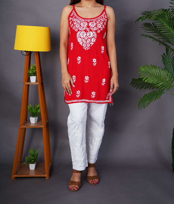 Radiant Red Rayon Chikankari Short Kurti