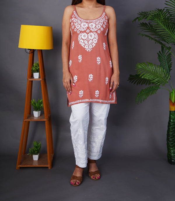 Brick Red Rayon Chikankari Spaghetti Top-Cool, Comfy & Handcrafted