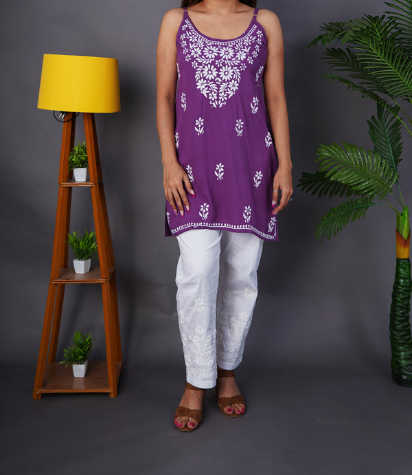 Vibrant Purple Chikankari Spaghetti Top – Rayon Magic for Every Mood