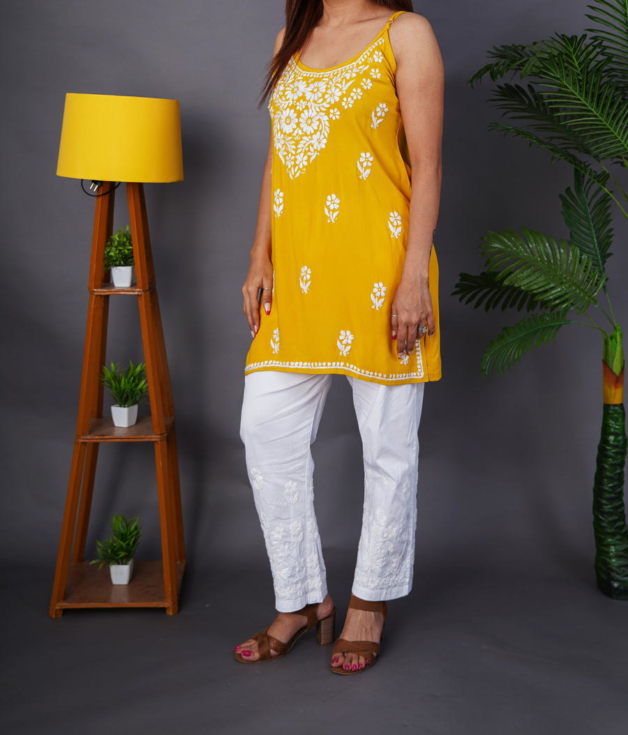 Sunny Yellow Rayon Chikankari Spaghetti Top