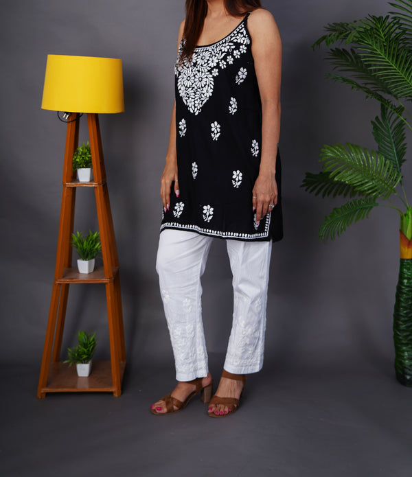 Black Rayon Chikankari Spaghetti Top – Gen Z Must-Have