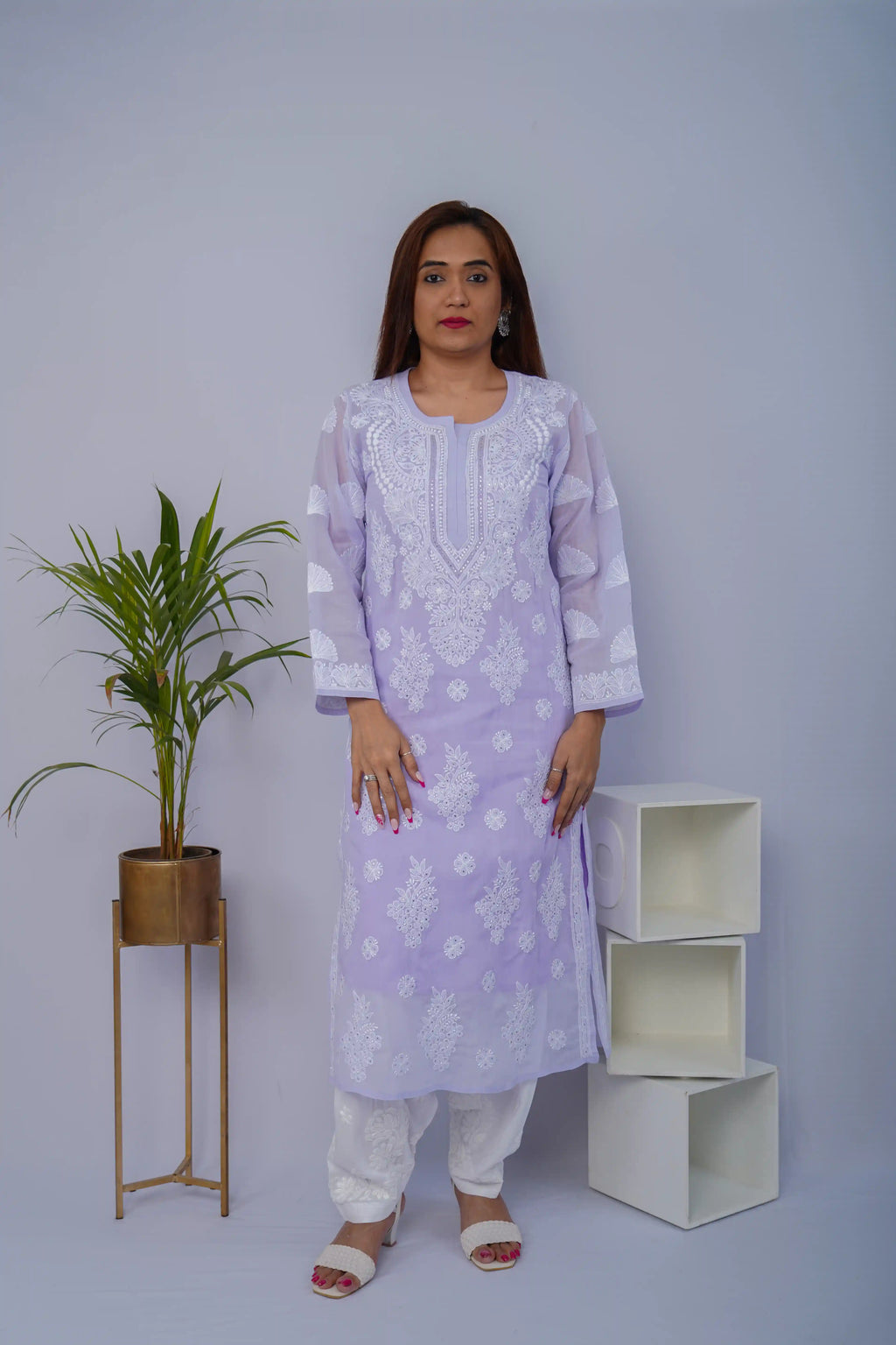 Lavender Voile Chikankari Kurti with Mukesh Highlights