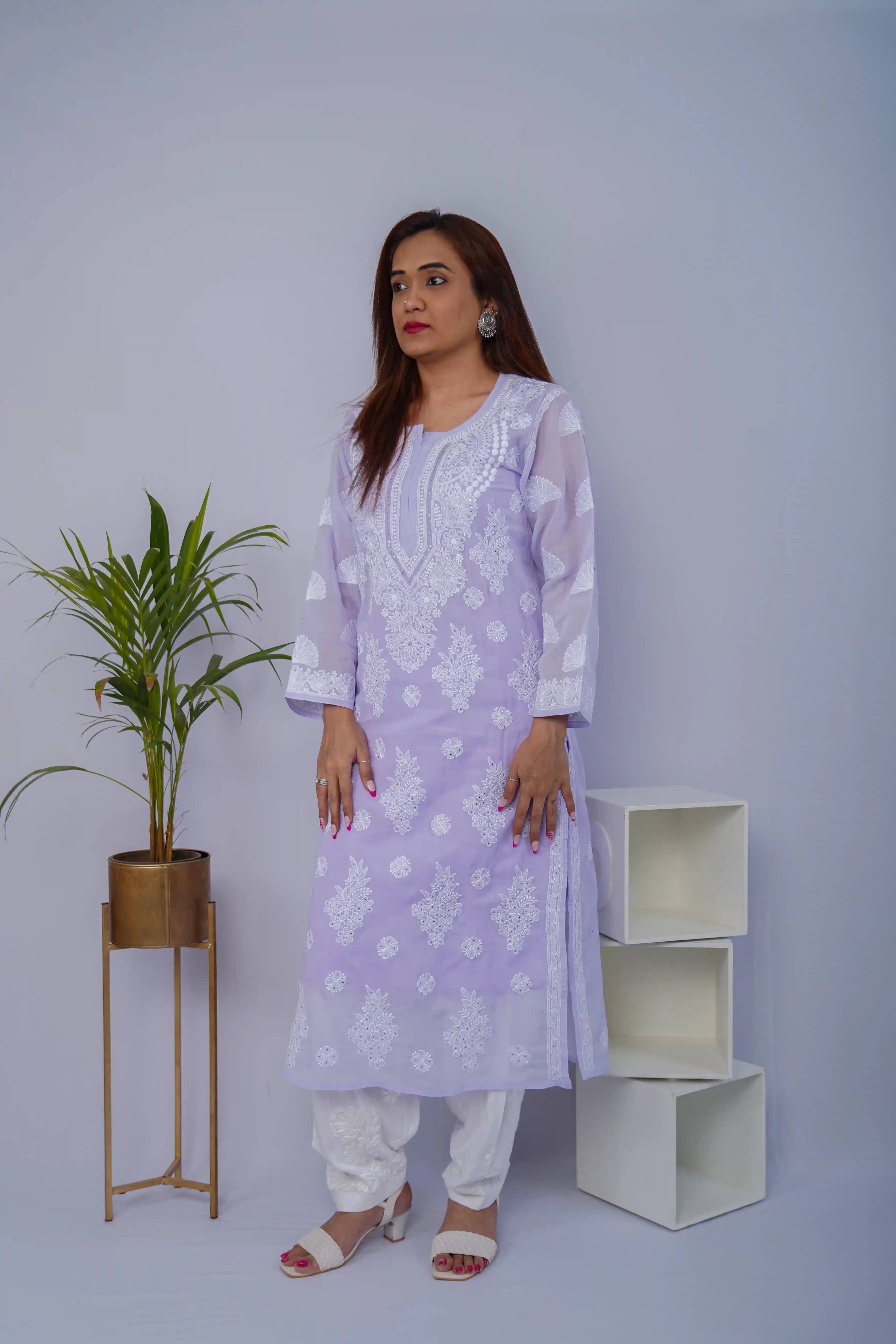 Lavender Voile Chikankari Kurti with Mukesh Highlights