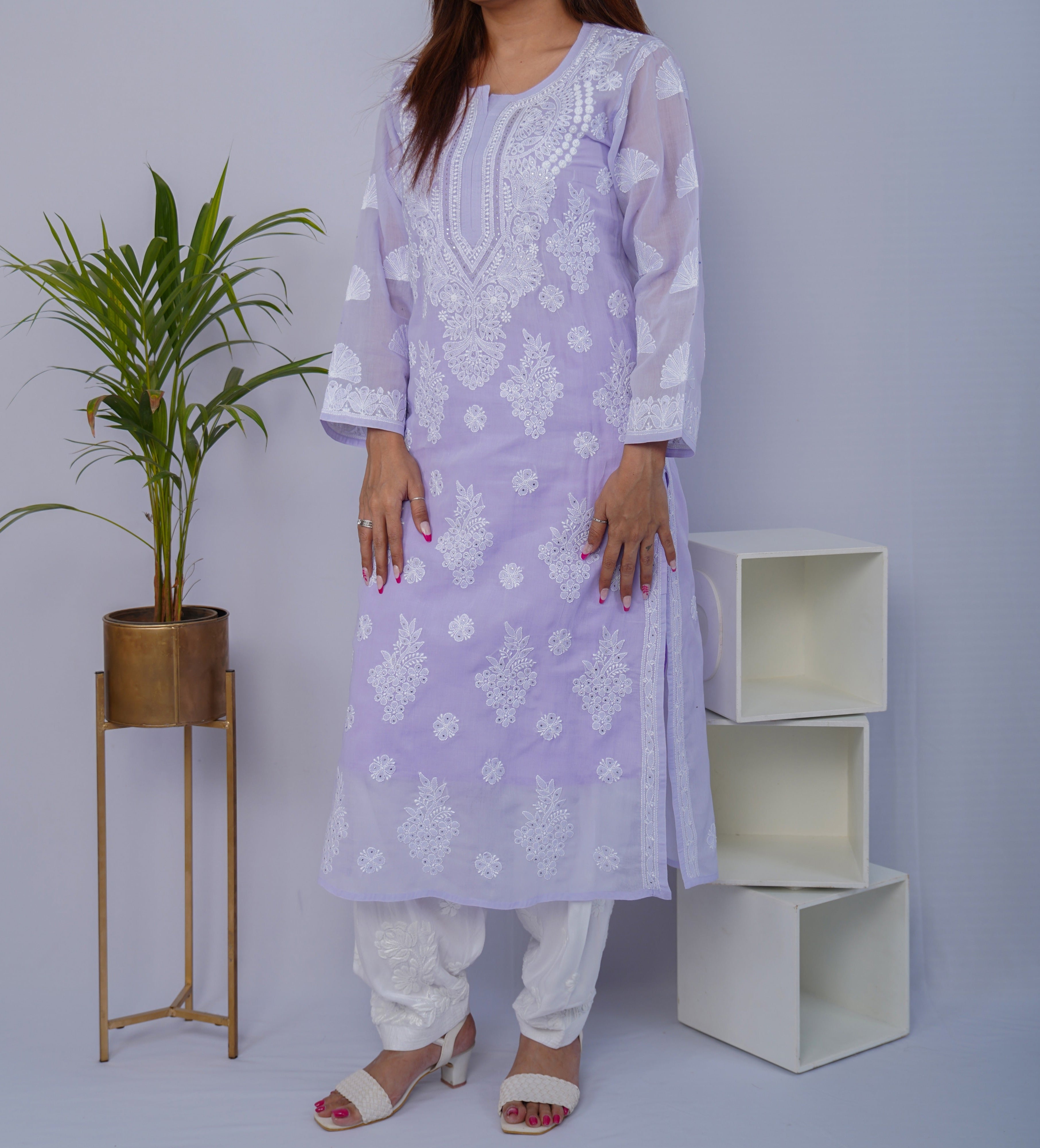 Lavender Voile Chikankari Kurti with Mukesh Highlights
