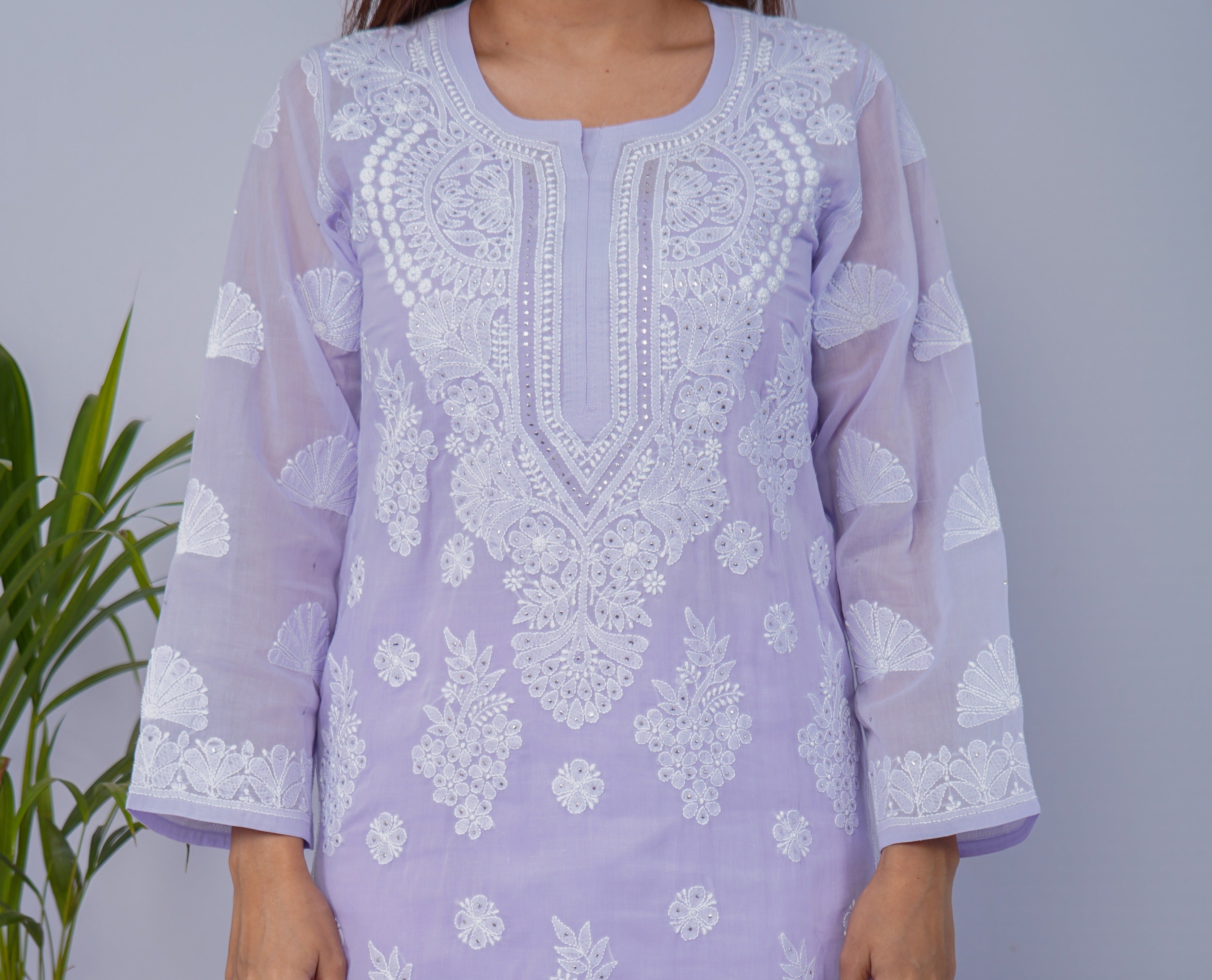 Lavender Voile Chikankari Kurti with Mukesh Highlights