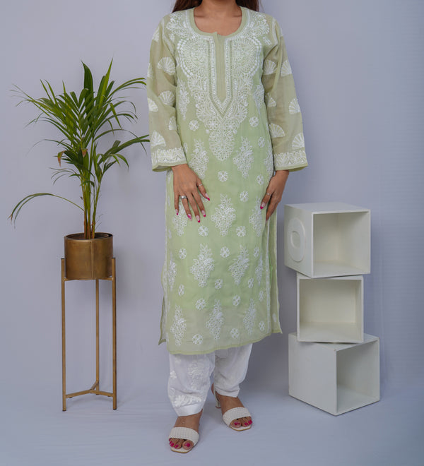 Pastel Green Voile Chikankari Kurti with Mukesh Detailing