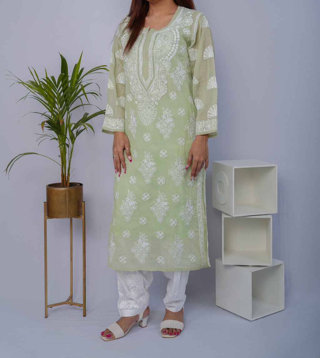 Pastel Green Voile Chikankari Kurti with Mukesh Detailing