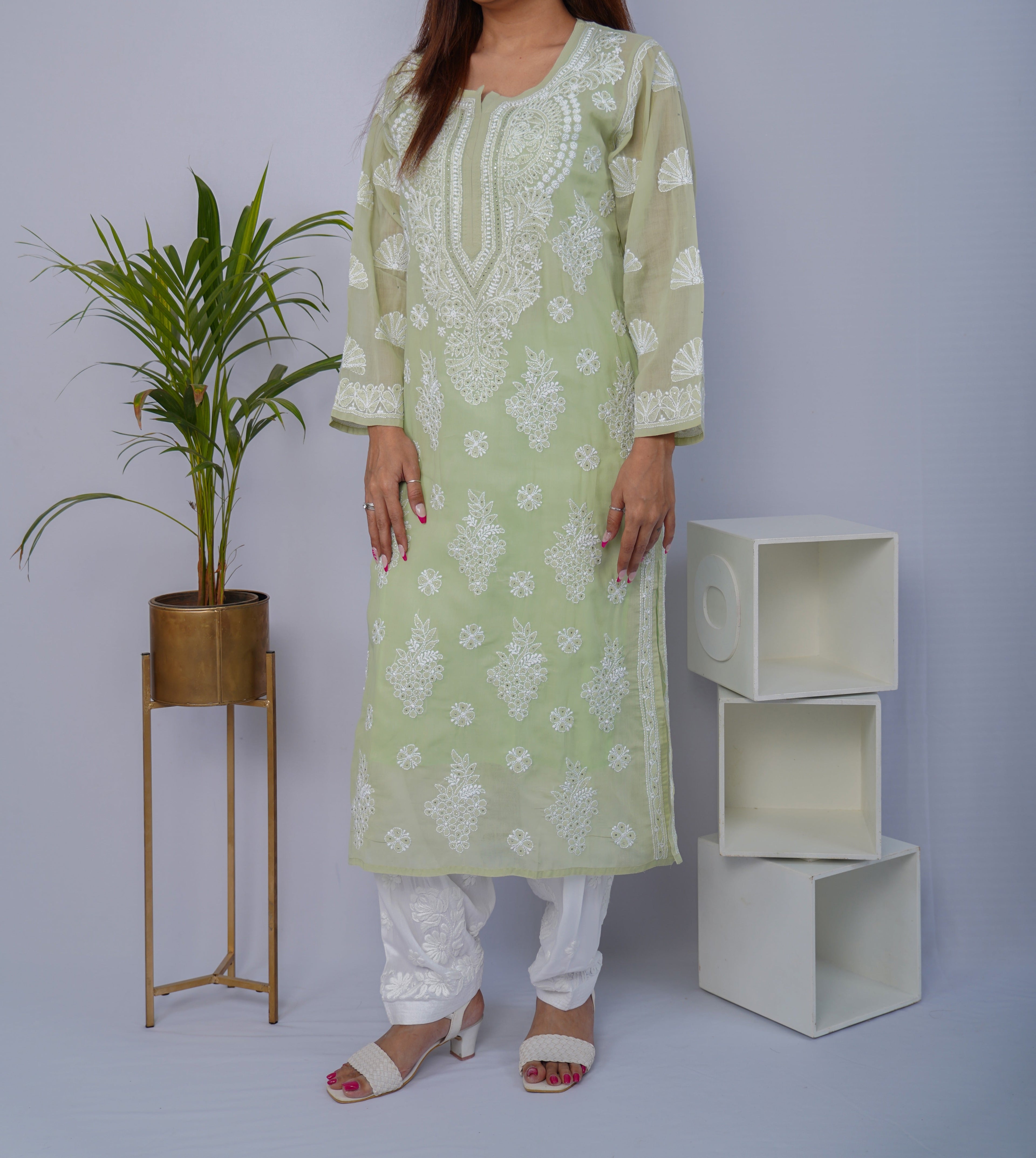 Pastel Green Voile Chikankari Kurti with Mukesh Detailing