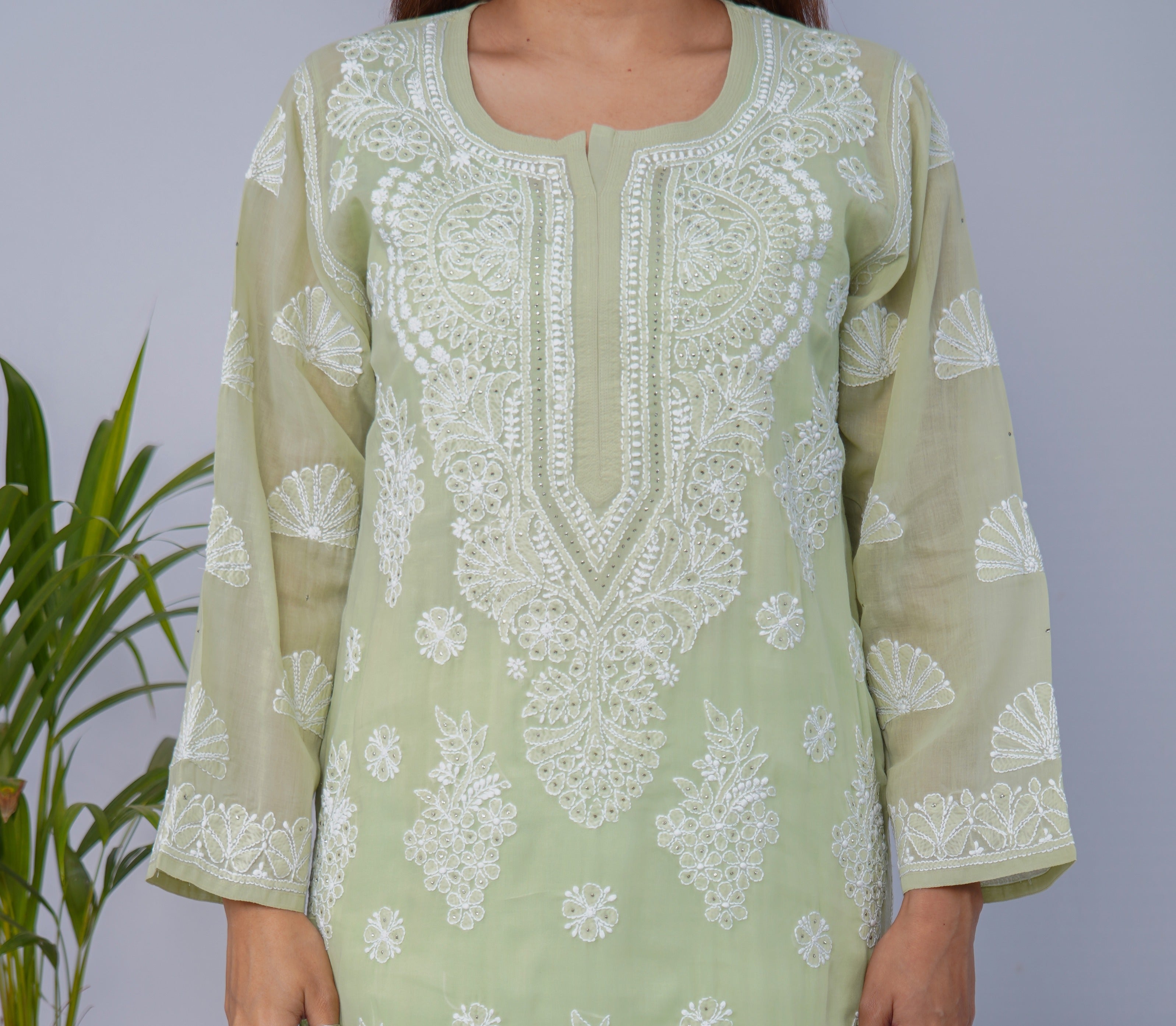 Pastel Green Voile Chikankari Kurti with Mukesh Detailing