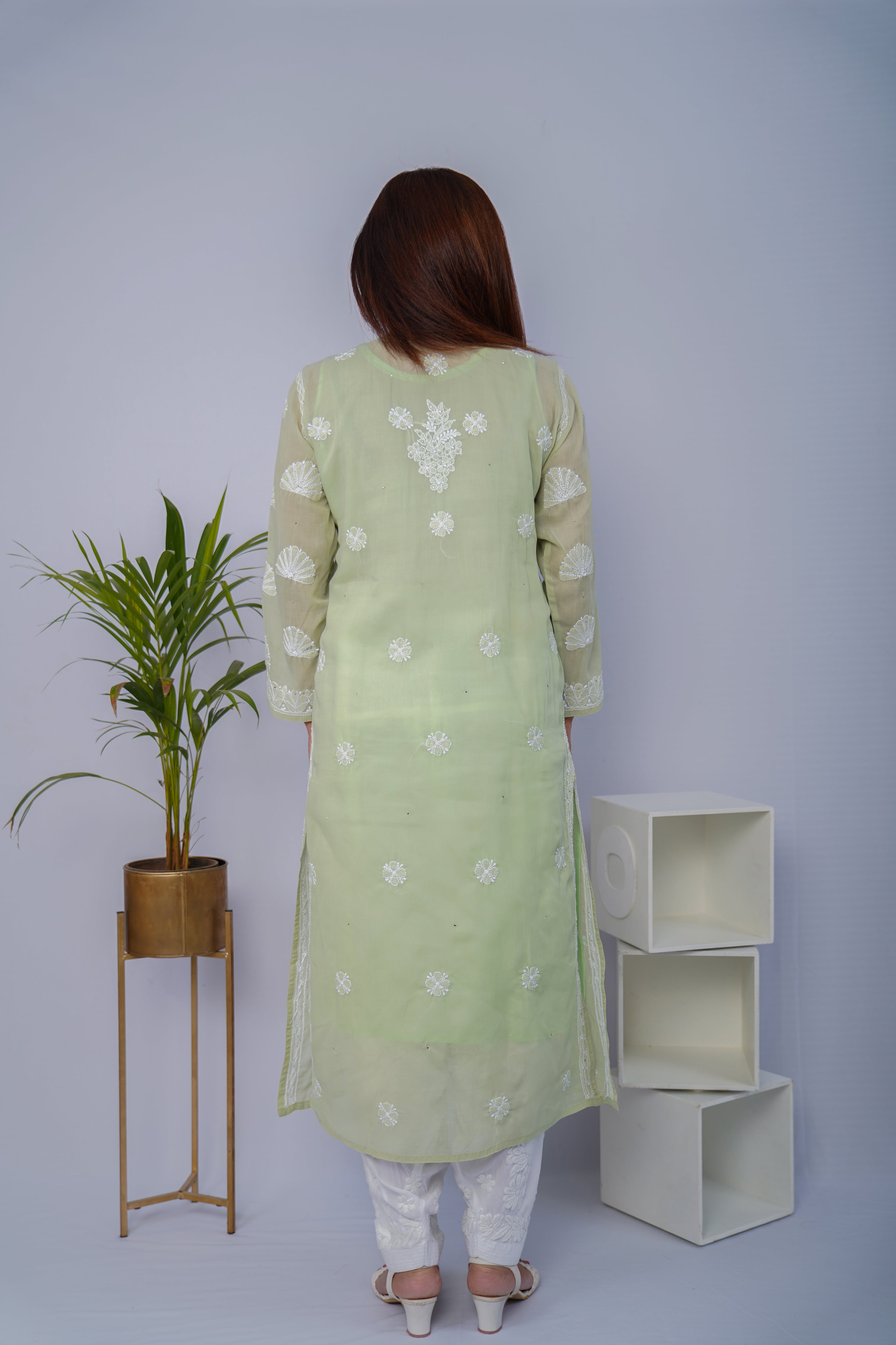 Pastel Green Voile Chikankari Kurti with Mukesh Detailing
