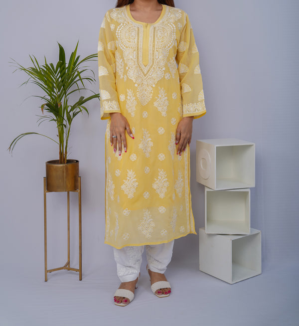 Sunshine Yellow Voile Chikankari Kurti with Mukesh Highlights