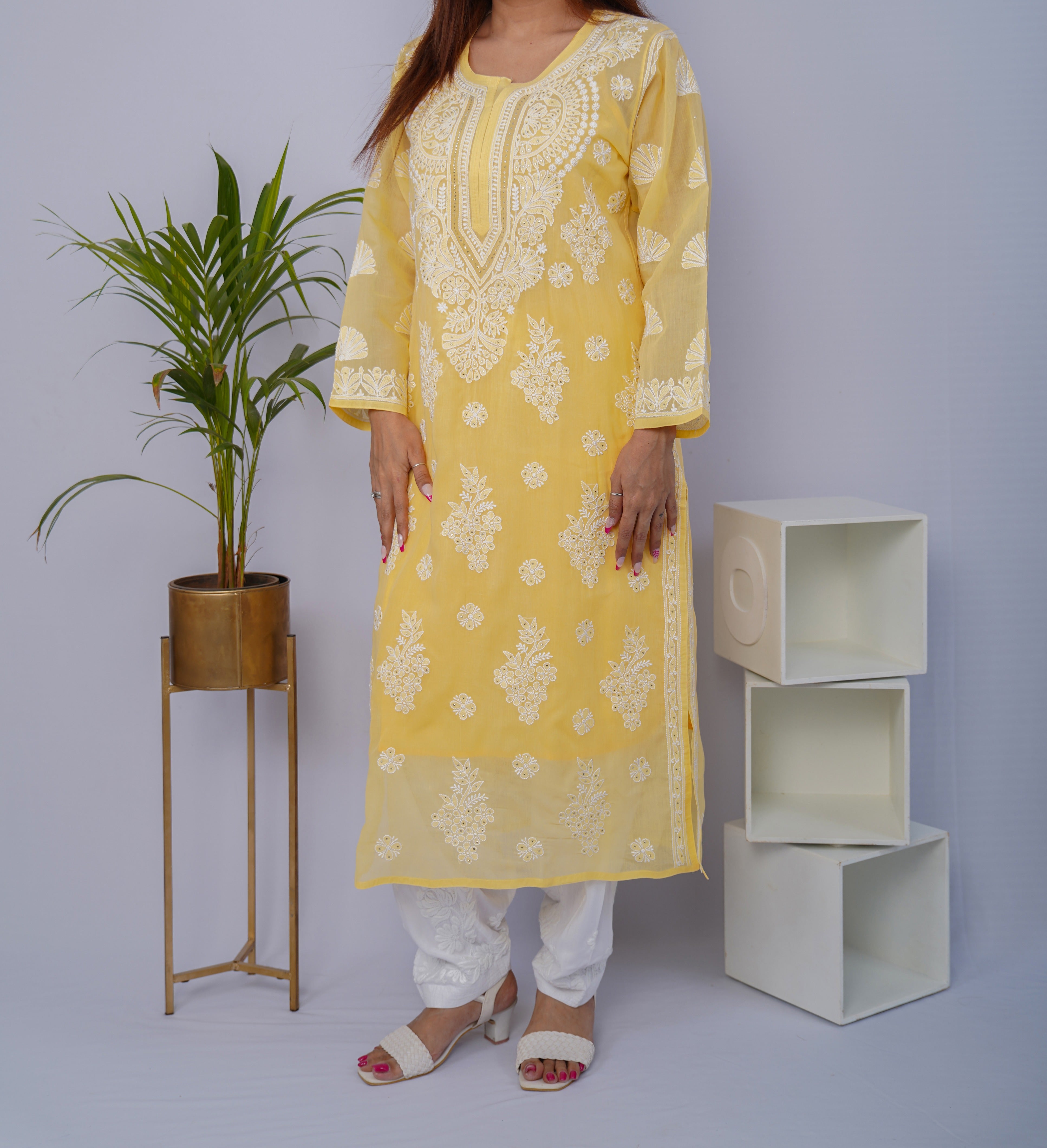 Sunshine Yellow Voile Chikankari Kurti with Mukesh Highlights