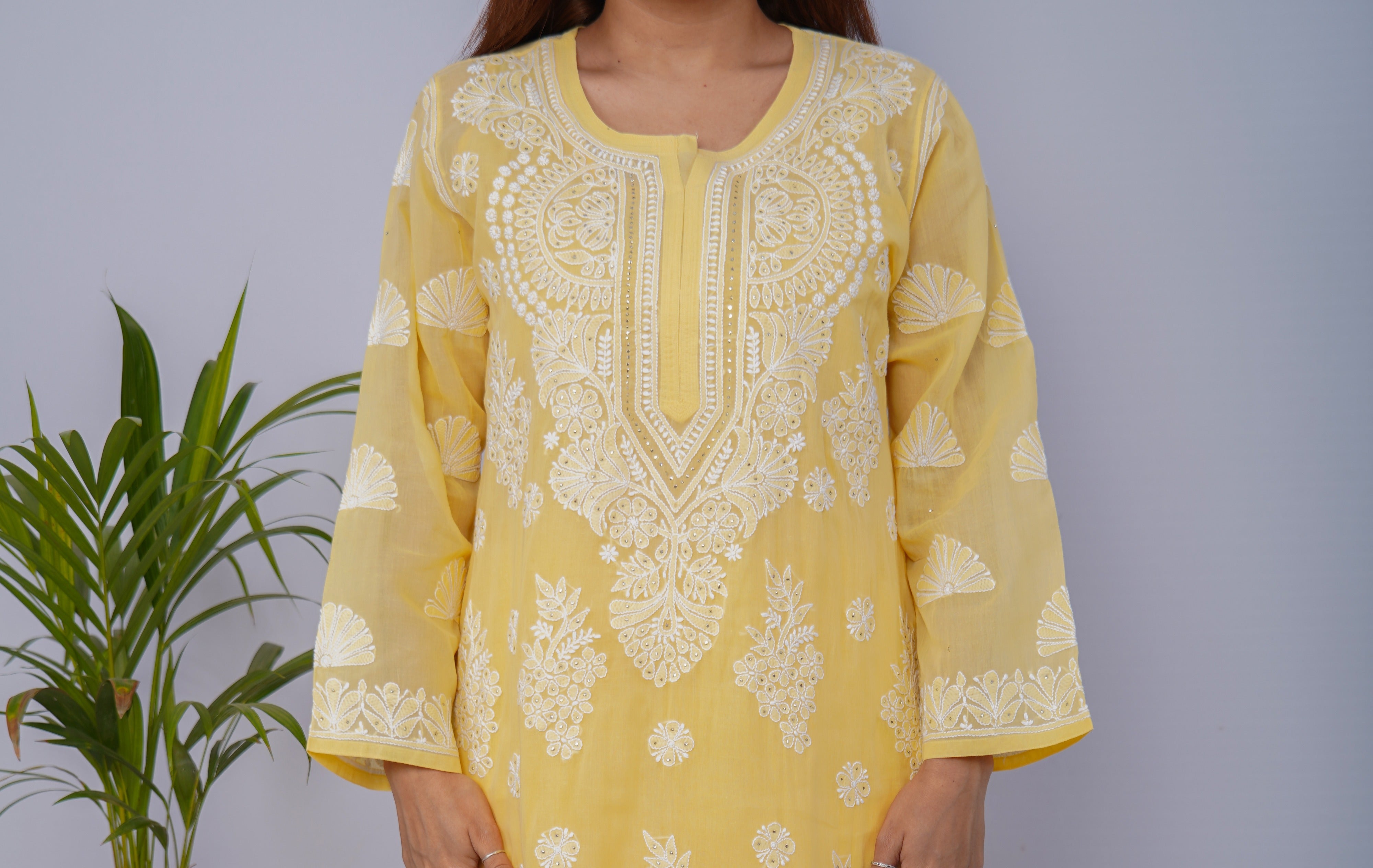 Sunshine Yellow Voile Chikankari Kurti with Mukesh Highlights