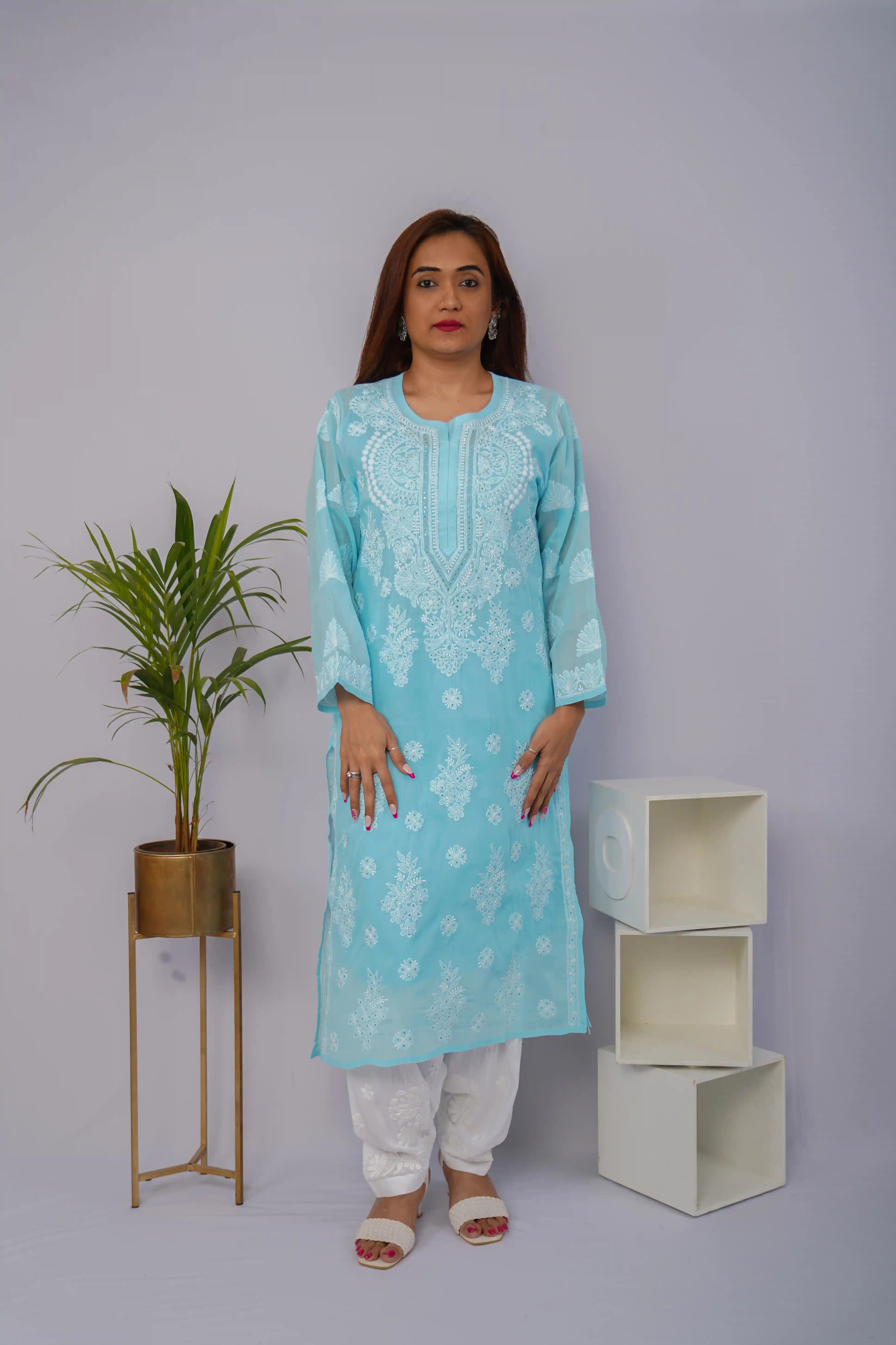 Sky Blue Voile Chikankari Kurti with Sparkling Mukesh Detailing