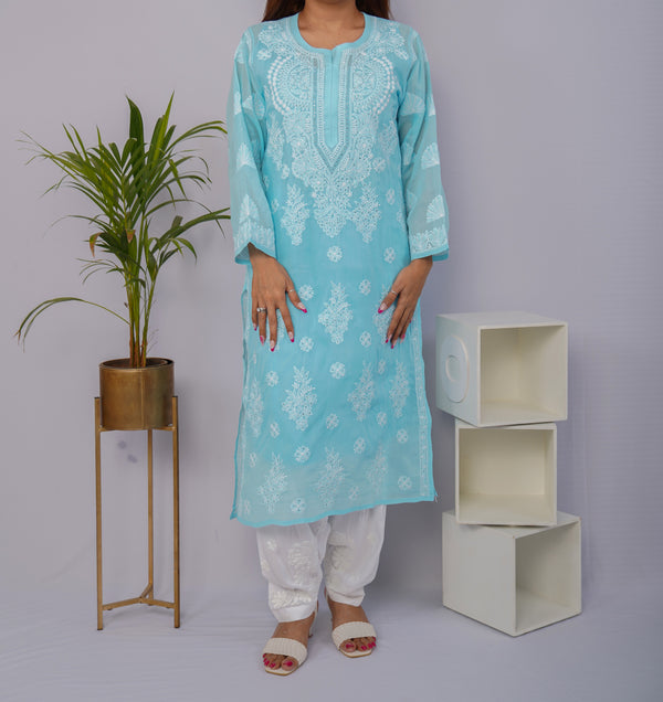 Sky Blue Voile Chikankari Kurti with Sparkling Mukesh Detailing