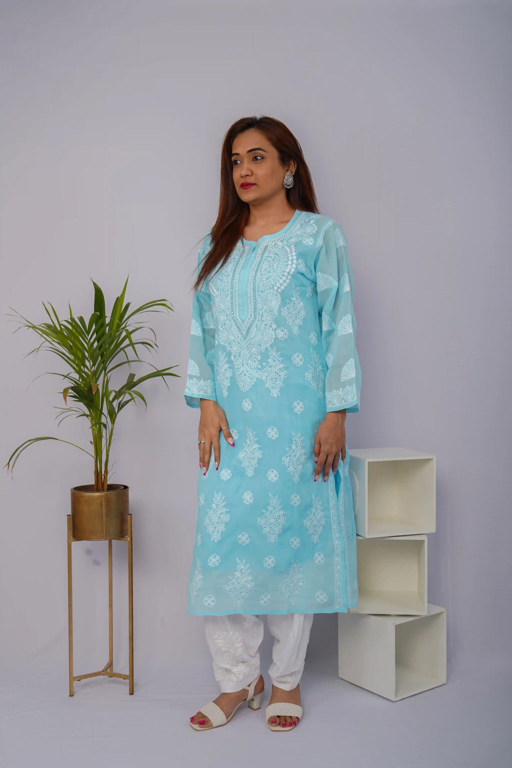 Sky Blue Voile Chikankari Kurti with Sparkling Mukesh Detailing