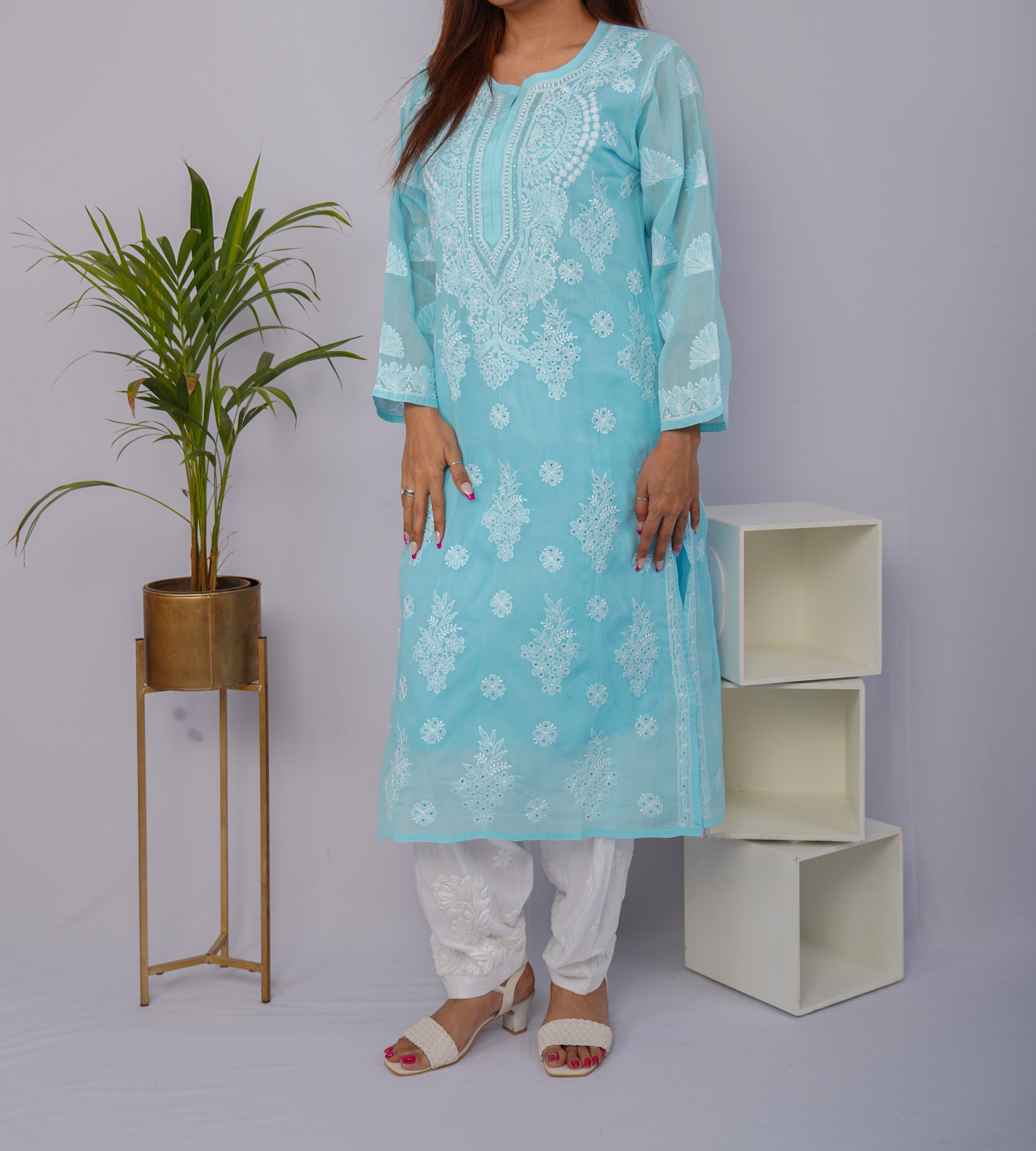 Sky Blue Voile Chikankari Kurti with Sparkling Mukesh Detailing