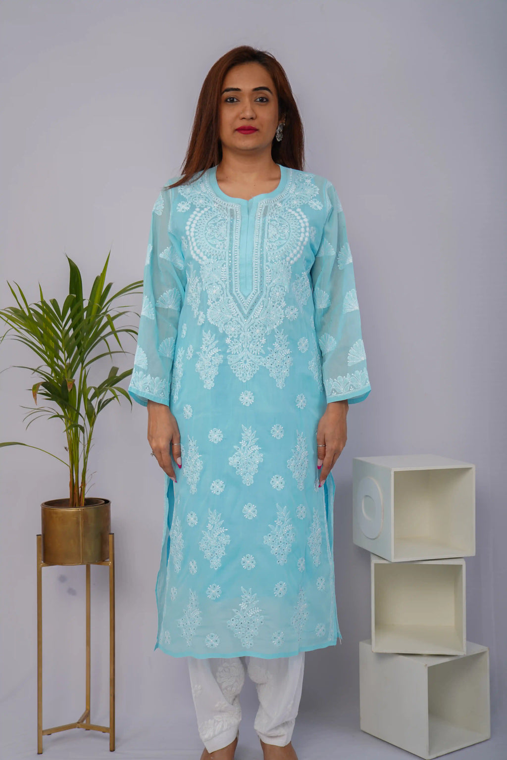 Sky Blue Voile Chikankari Kurti with Sparkling Mukesh Detailing