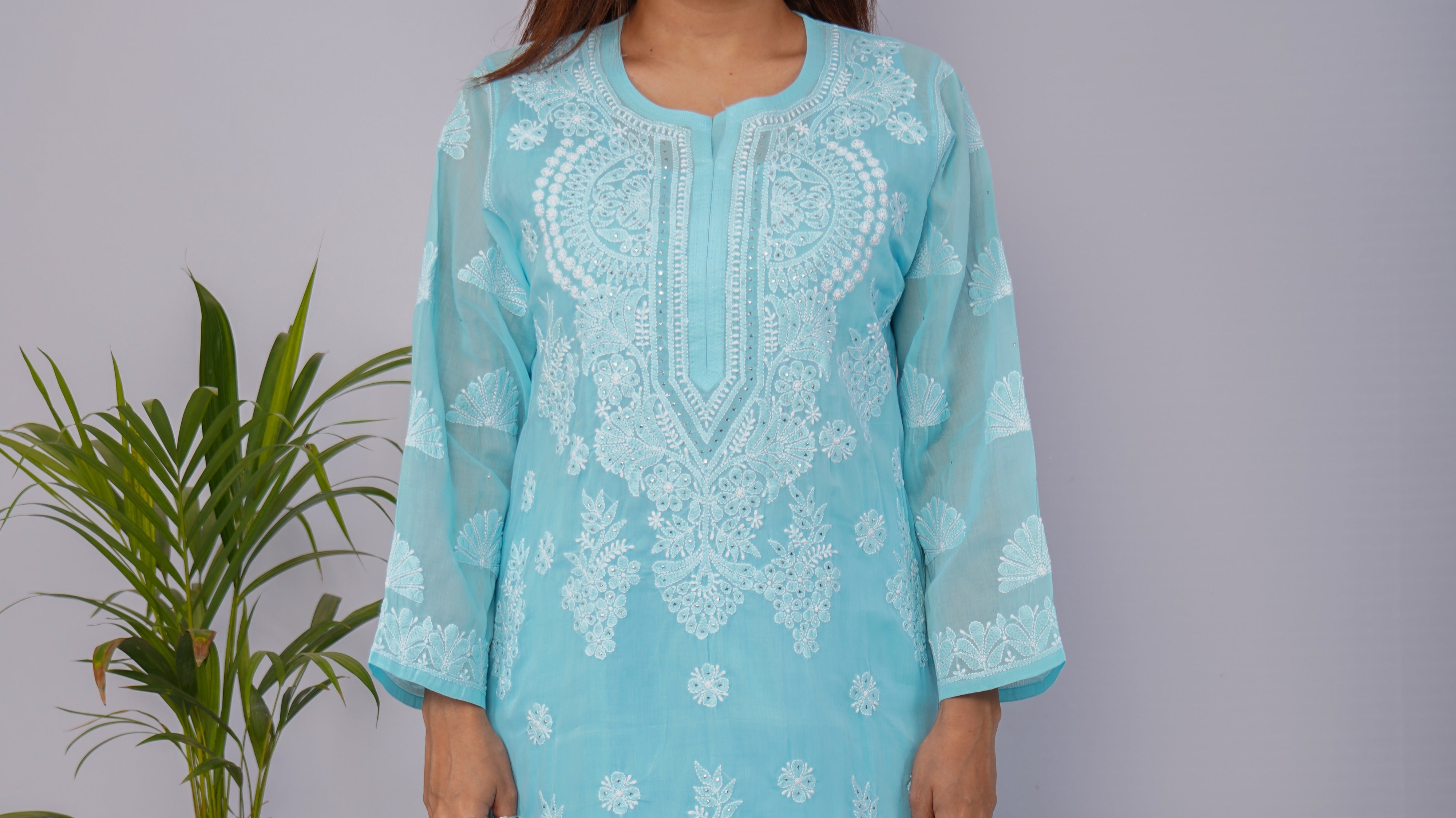 Sky Blue Voile Chikankari Kurti with Sparkling Mukesh Detailing