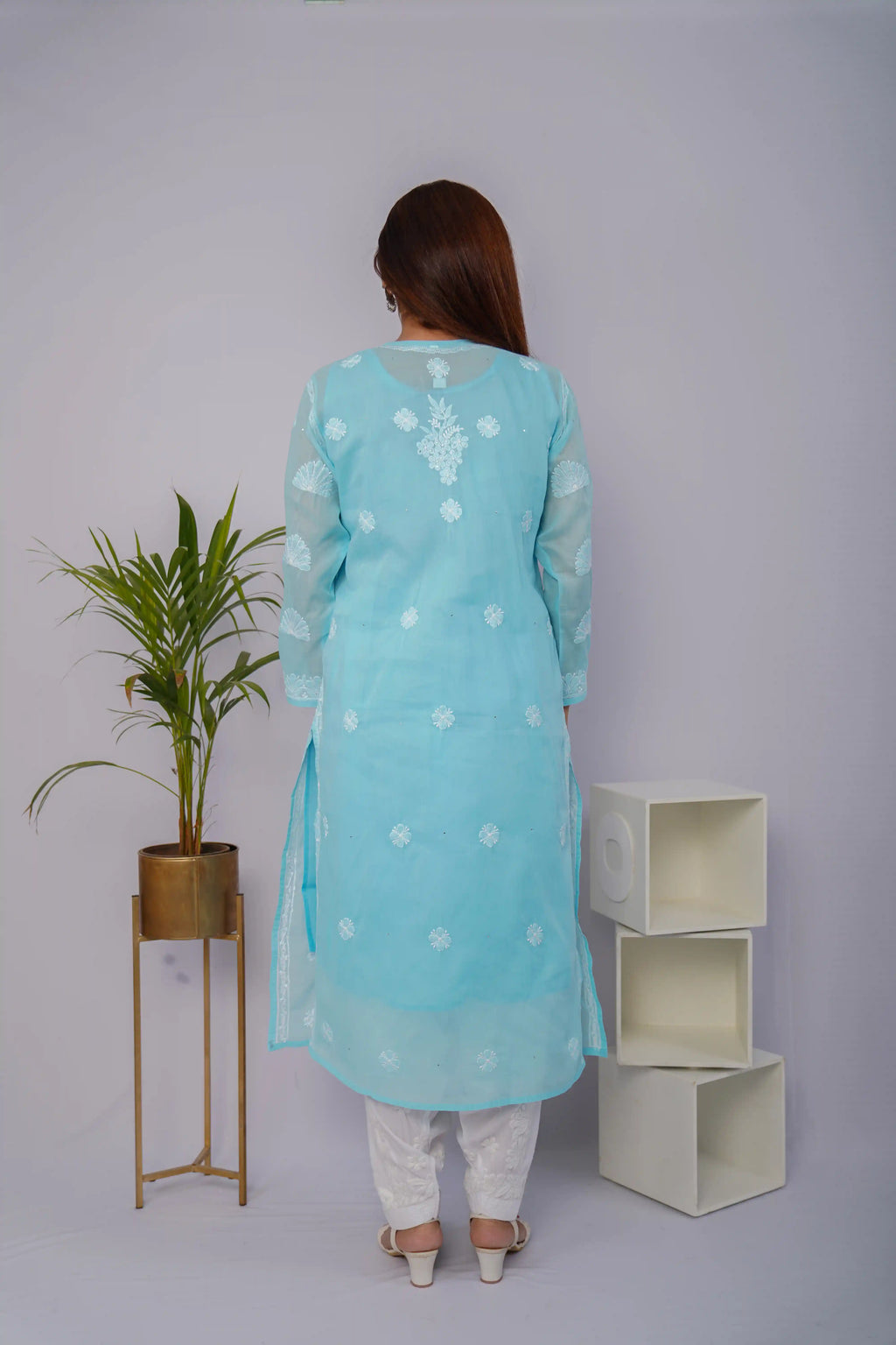 Sky Blue Voile Chikankari Kurti with Sparkling Mukesh Detailing