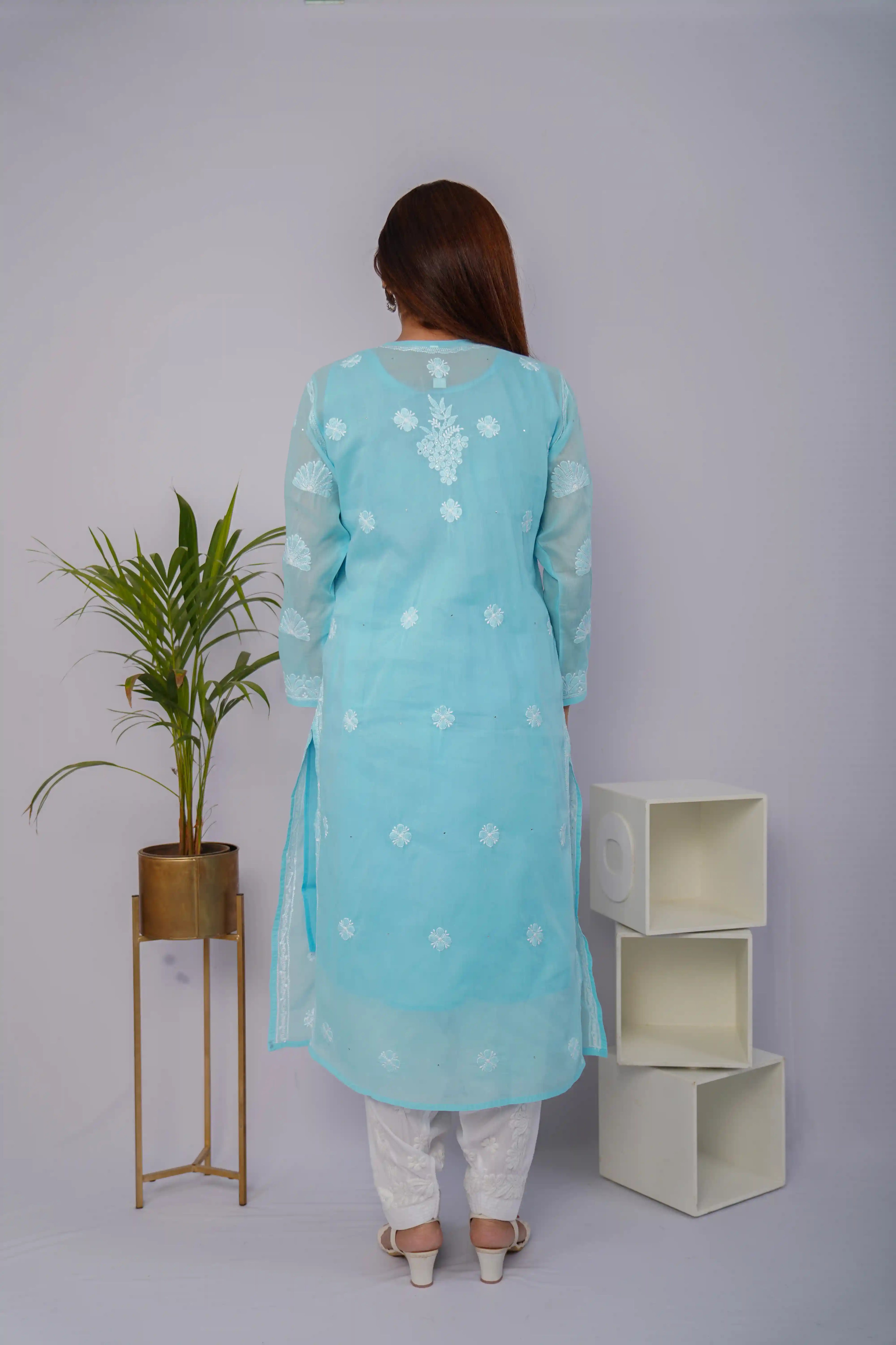 Sky Blue Voile Chikankari Kurti with Sparkling Mukesh Detailing