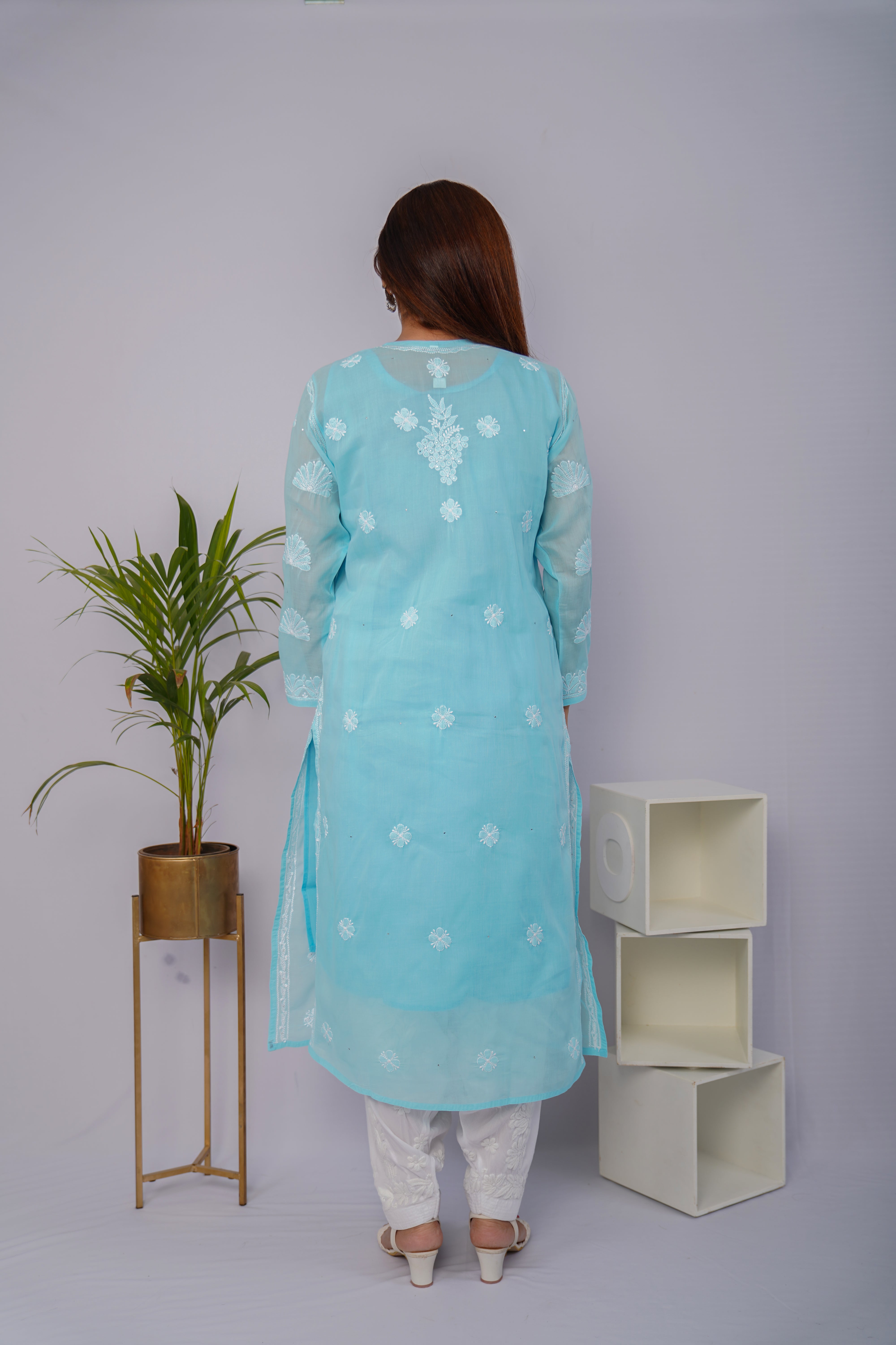 Sky Blue Voile Chikankari Kurti with Sparkling Mukesh Detailing